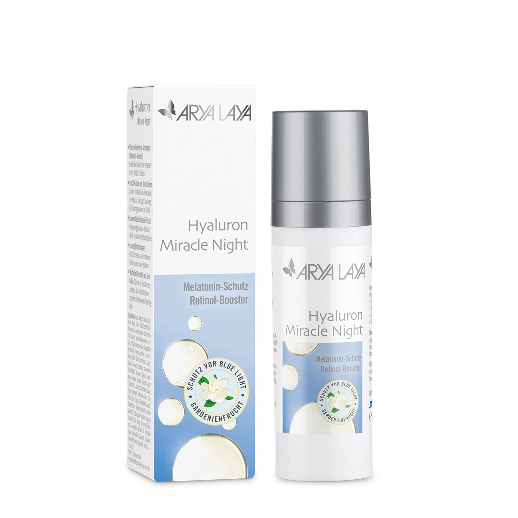 Airless-Spender und Faltschachtel mit ARYA LAYA Hyaluron Miracle Night, 30 ml