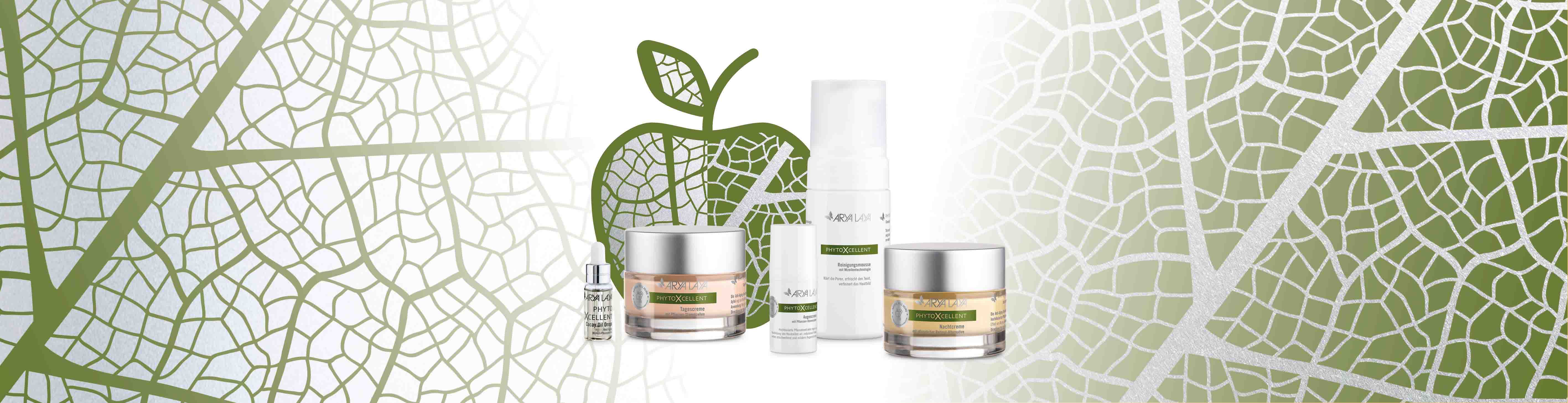 Der Apfel fällt nicht weit vom Stamm: Natural Well Aging – weil natürliches Lifting bei den Stammzellen ansetzt Abbildung der PhytoXcellent Pflegeserie mit Blattstruktur im Hintergrund