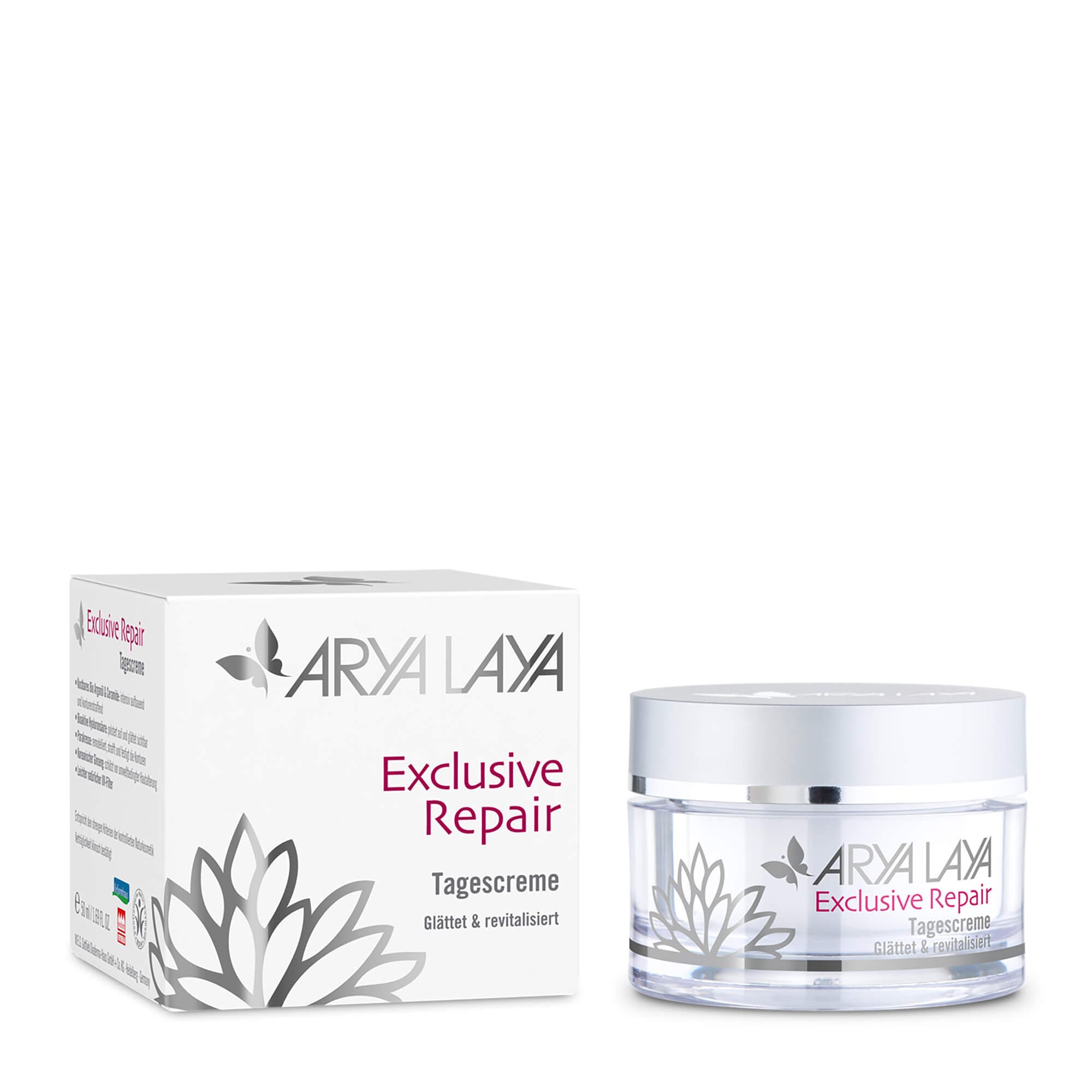 Tiegel und Faltschachtel mit ARYA LAYA Exclusive Repair Nachtcreme, 50 ml