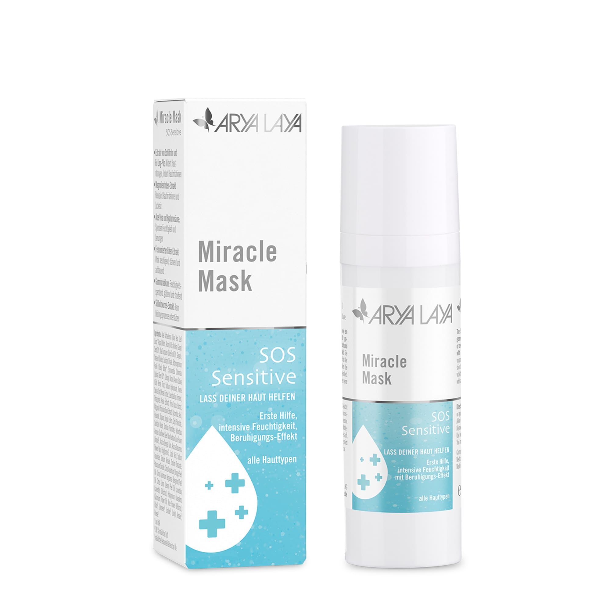 Airless-Spender und Faltschachtel mit ARYA LAYA Miracle Mask SOS Sensitive, 30 ml 