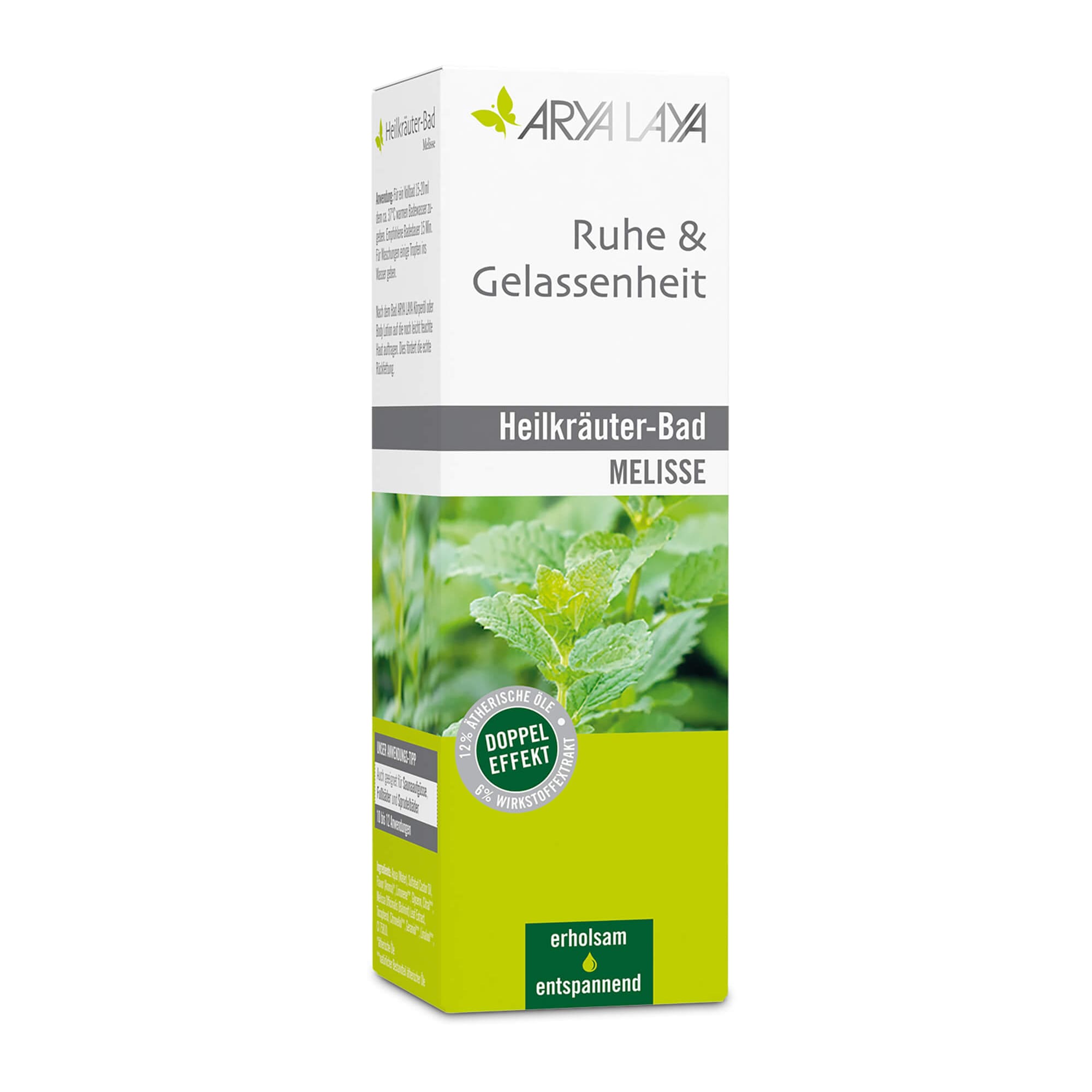 Faltschachtel mit ARYA LAYA Heilkräuter-Bad Ruhe und Gelassenheit Melisse 200 ml Faltschachtel mit ARYA LAYA Heilkräuter-Bad Ruhe und Gelassenheit Melisse, 200 ml
