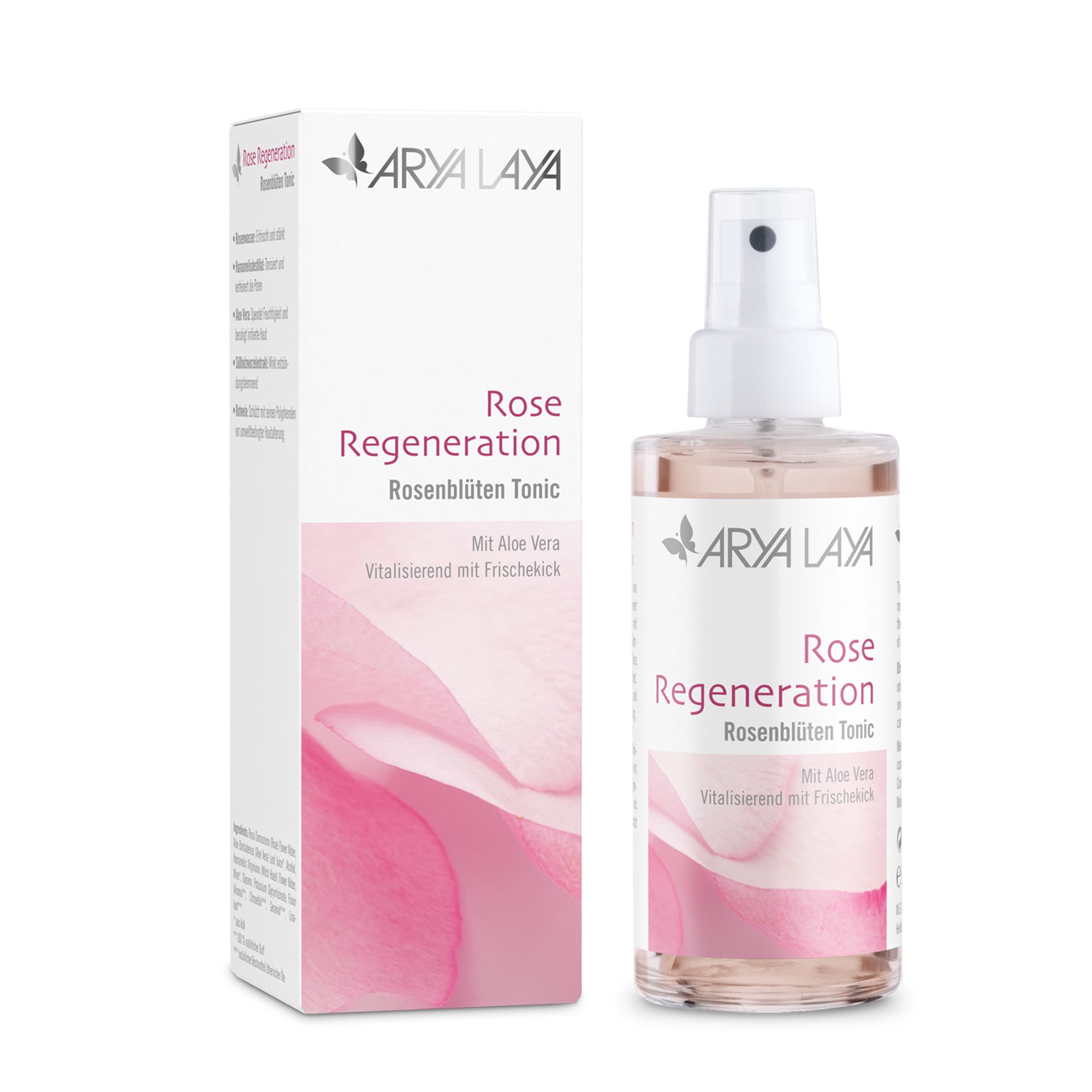 Glasflasche und Faltschachtel ARYA LAYA Rose Regeneration Rosenblüten Tonic 100 ml ARYA LAYA Rose Regeneration Rosenblüten Tonic, Glasflasche und Faltschachtel, 100 ml