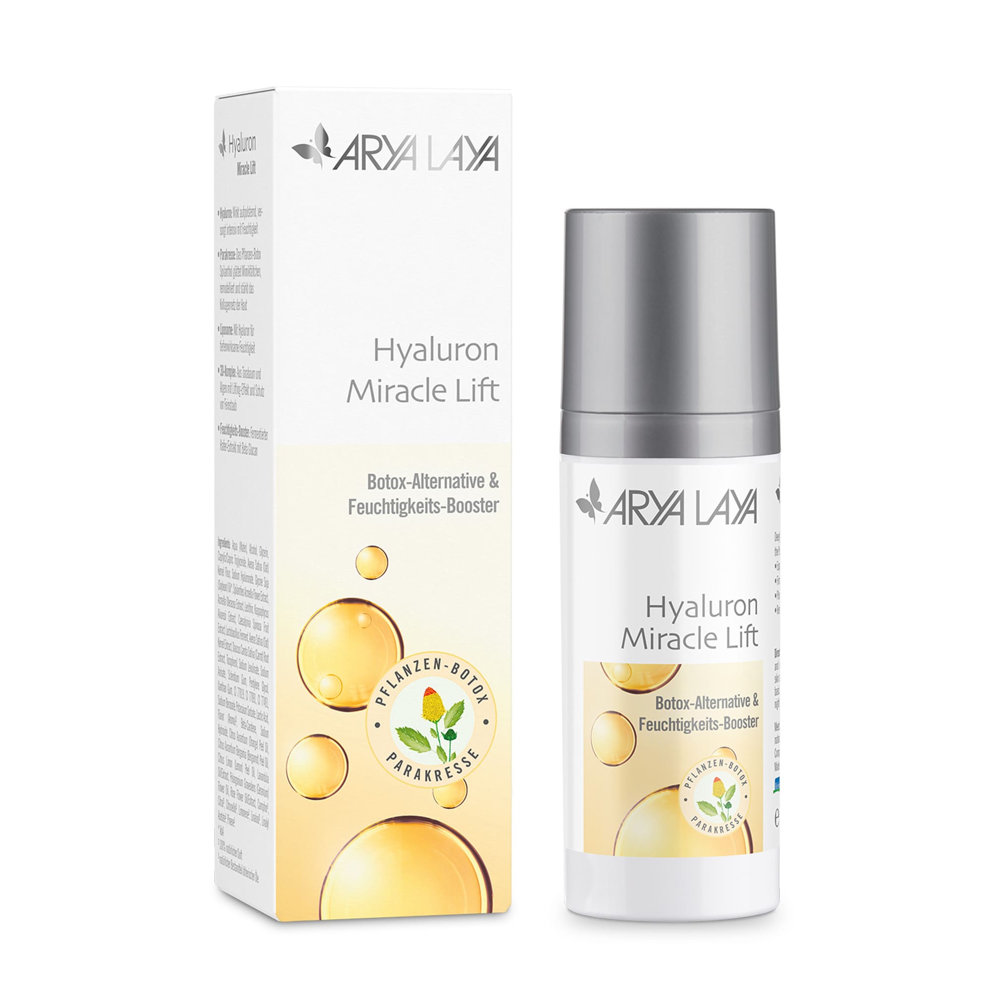 Airless-Spender und Faltschachtel mit ARYA LAYA Hyaluron Miracle Lift, 50 ml im neuen Design