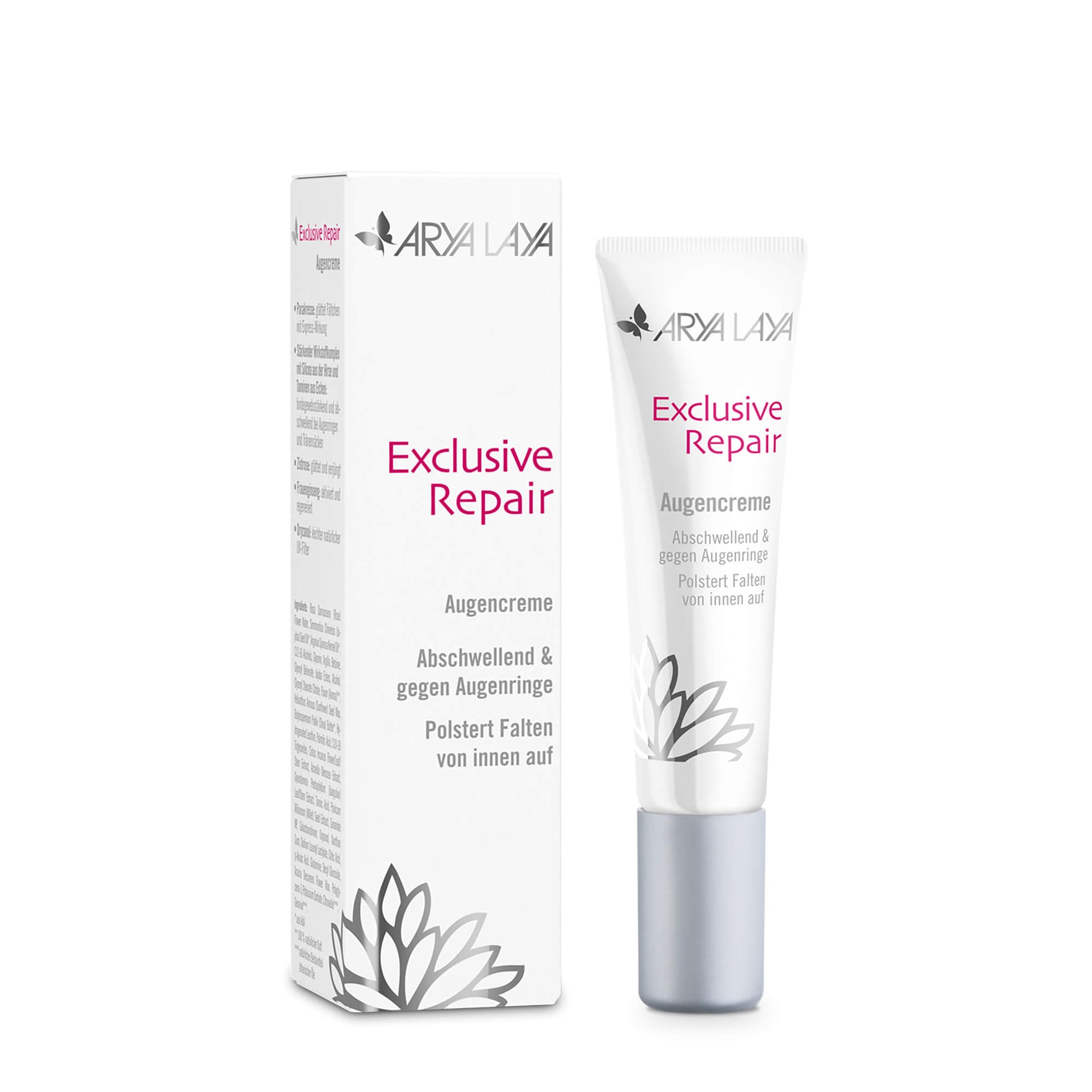 Tube und Faltschachtel ARYA LAYA Exclusive Repair Augencreme 15 ml Tube und Faltschachtel mit ARYA LAYA Exclusive Repair Augencreme, 15 ml