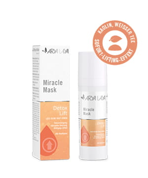 ARYA LAYA Miracle Mask Detox Mask mit Störer Sofort-Lifting-Effekt Airless-Spender und Faltschachtel mit ARYA LAYA Miracle Mask Detox Lift sowie Sofort-Effekt Hinweis