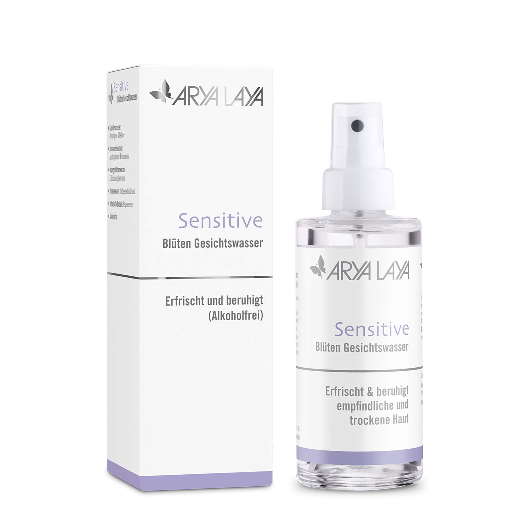 Glasflasche und Faltschachtel ARYA LAYA Sensitive Blüten Gesichtswasser 100 ml Glasflasche und Faltschachtel mit ARYA LAYA Sensitive Blüten Gesichtswasser, 100 ml