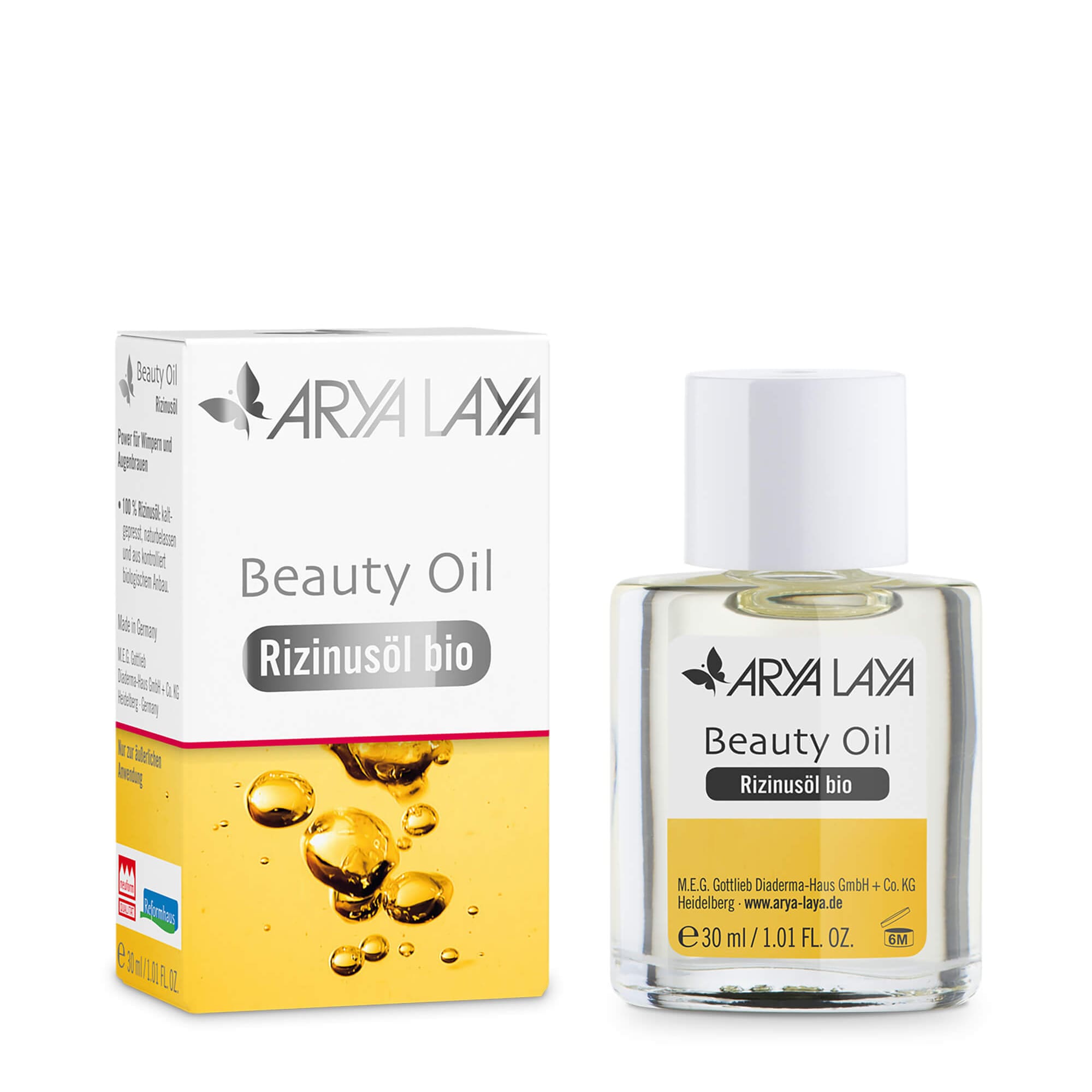 Glasfläschchen und Faltschachtel mit ARYA LAYA Beauty Oil Rizinusöl, 30 ml 