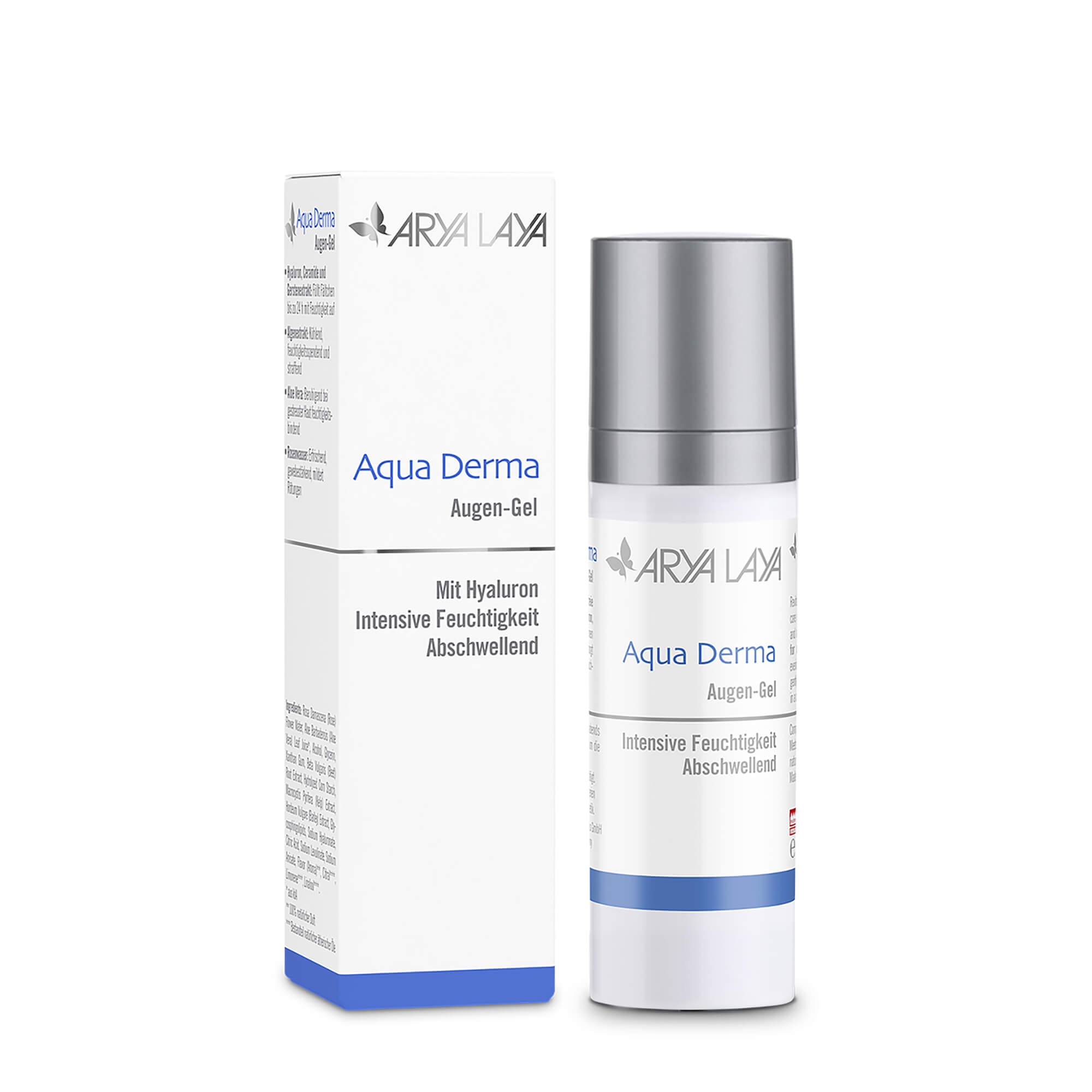 Airless-Spender und Faltschachtel ARYA LAYA Aqua Derma Augen Gel,30 ml Airless-Spender und Faltschachtel mit ARYA LAYA Aqua Derma Augen Gel, 30 ml