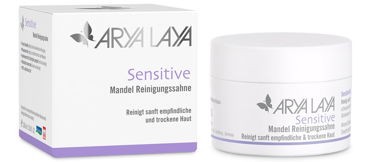 Tiegel und Faltschachtel mit ARYA LAYA Sensitive Mandel Reinigungssahne, 100 ml