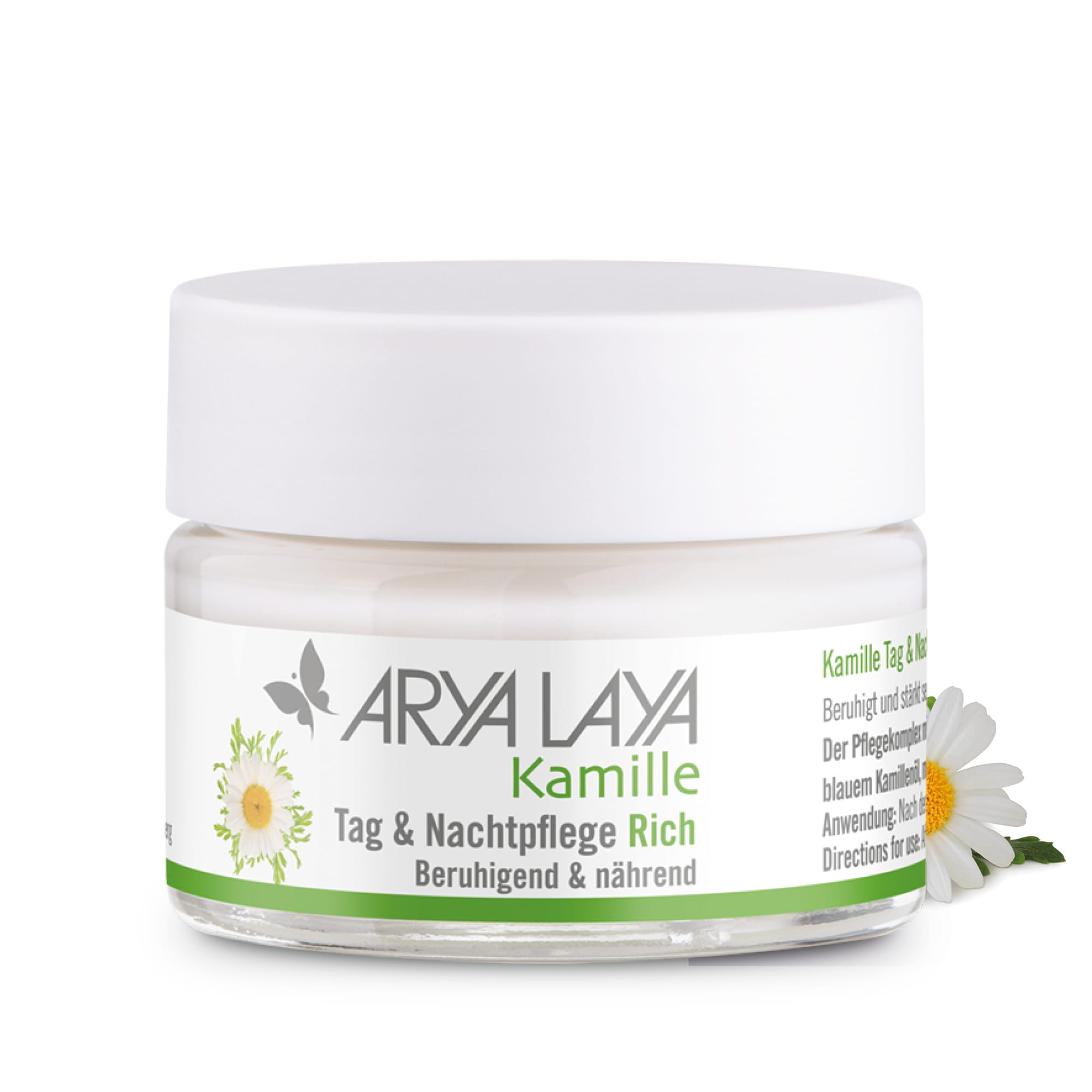 Glastiegel ARYA LAYA Kamille Tag und Nachtpflege Rich 50 ml Glastiegel mit ARYA LAYA Kamille Tag und Nachtpflege Rich, 50 ml