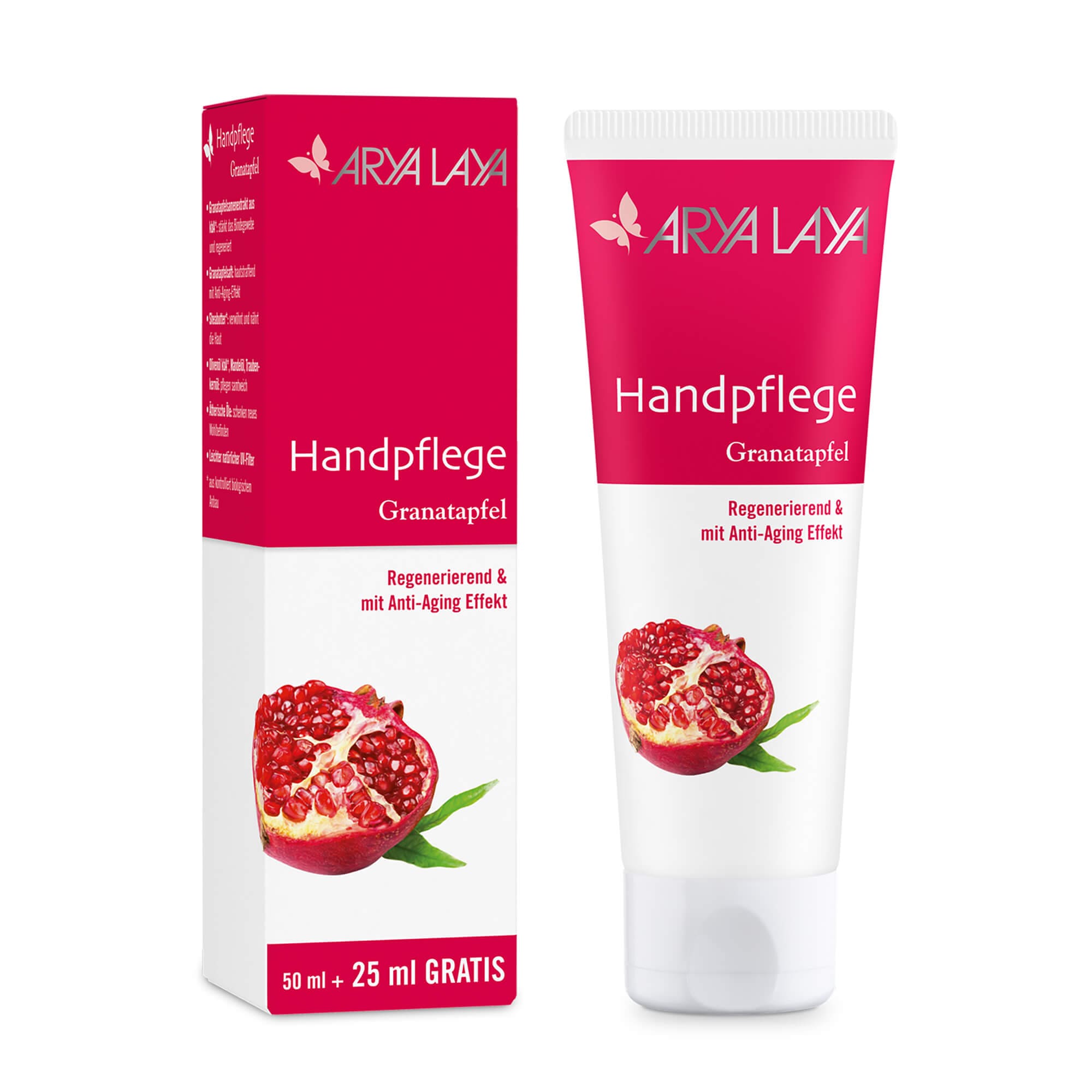 Tube und Faltschachtel mit ARYA LAYA Granatapfel Handpflege, 75 ml