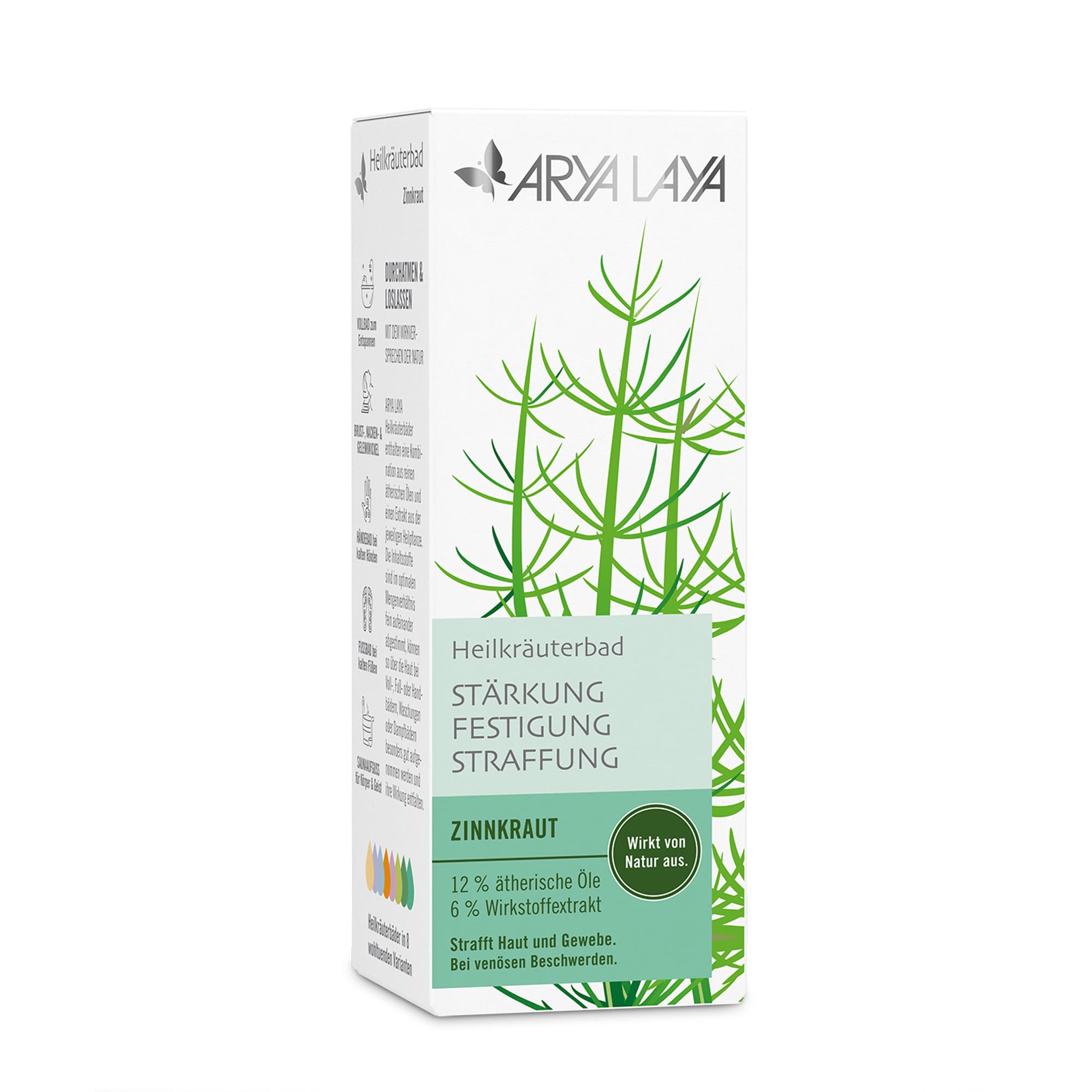 Faltschachtel mit ARYA LAYA Heilkräuterbad Zinnkraut - Straffung, 100 ml 