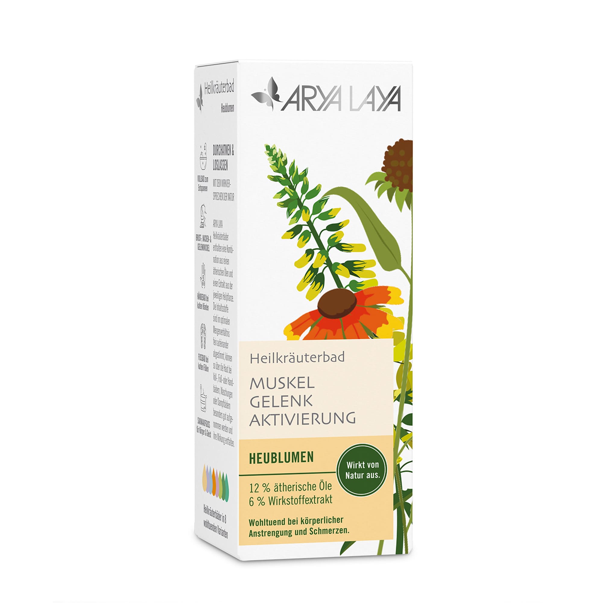 Faltschachtel mit ARYA LAYA Heilkräuterbad Heublumen - Aktivierung, 100 ml 