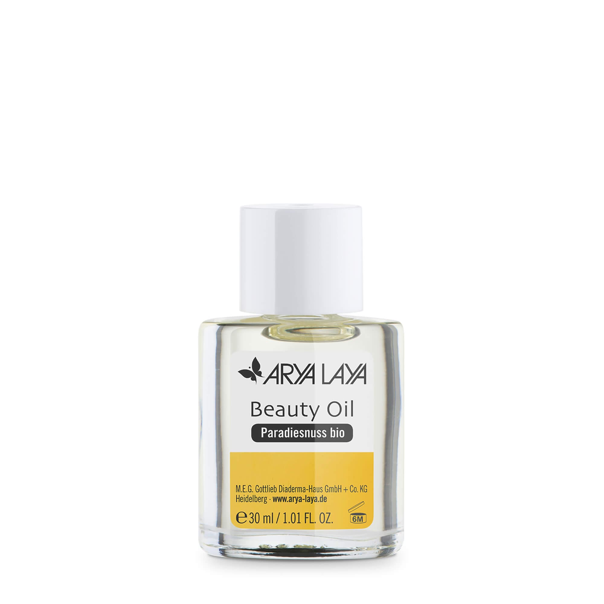 Glasfläschchen mit ARYA LAYA Beauty Oil Paradiesnussöl, 30 ml 