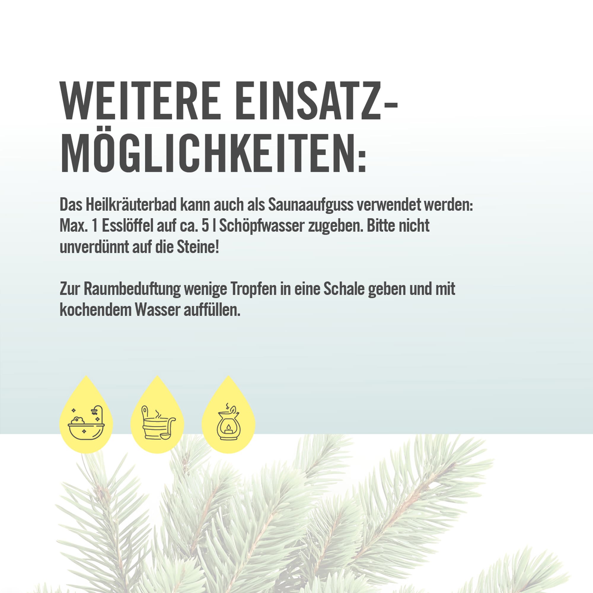 Chart Einsatzmöglichkeiten ARYA LAYA Heilkräuterbad Fichte - Stärkung Einsatzmöglichkeiten ARYA LAYA Heilkräuterbad Fichte - Stärkung