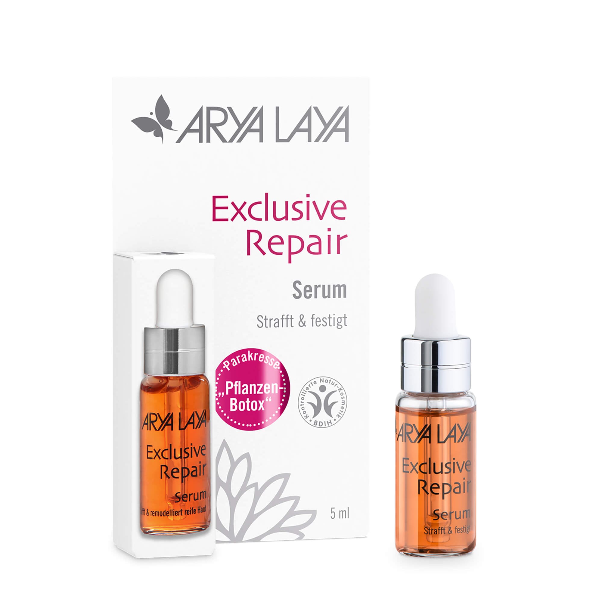 Glasfläschchen und Faltschachtel mit ARYA LAYA Exclusive Repair Serum, 5 ml