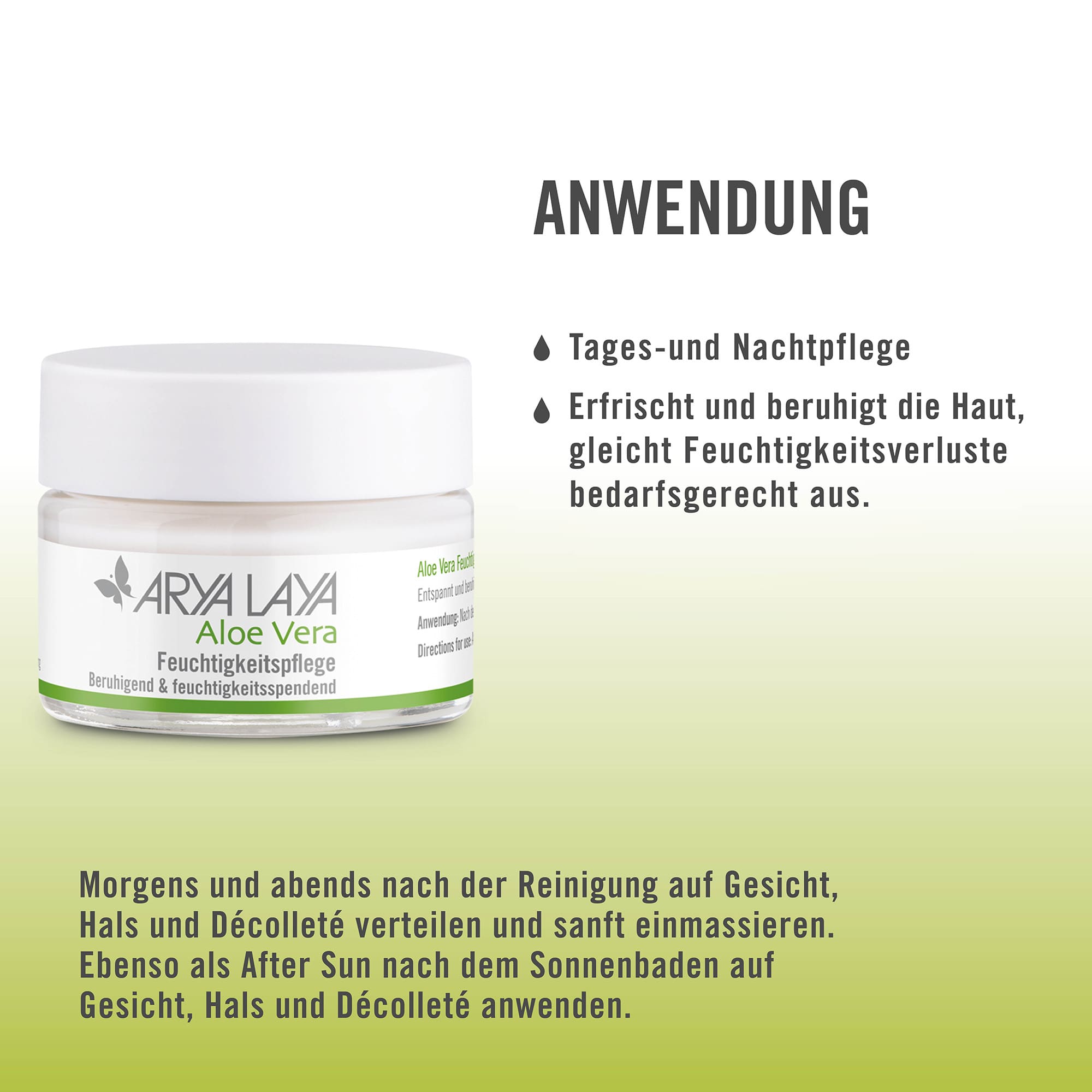 Anwendung ARYA LAYA Aloe Vera Feuchtigkeitspflege