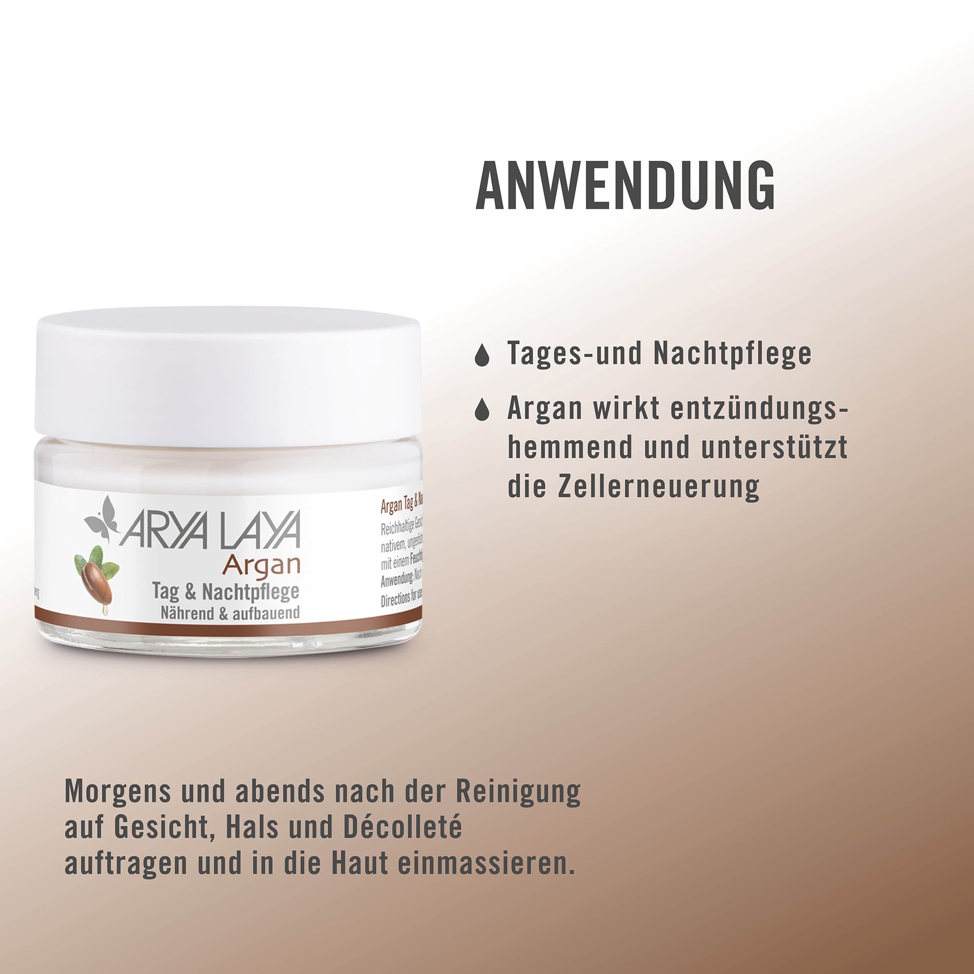 Anwendung ARYA LAYA Argan Tag & Nachtpflege, 50 ml