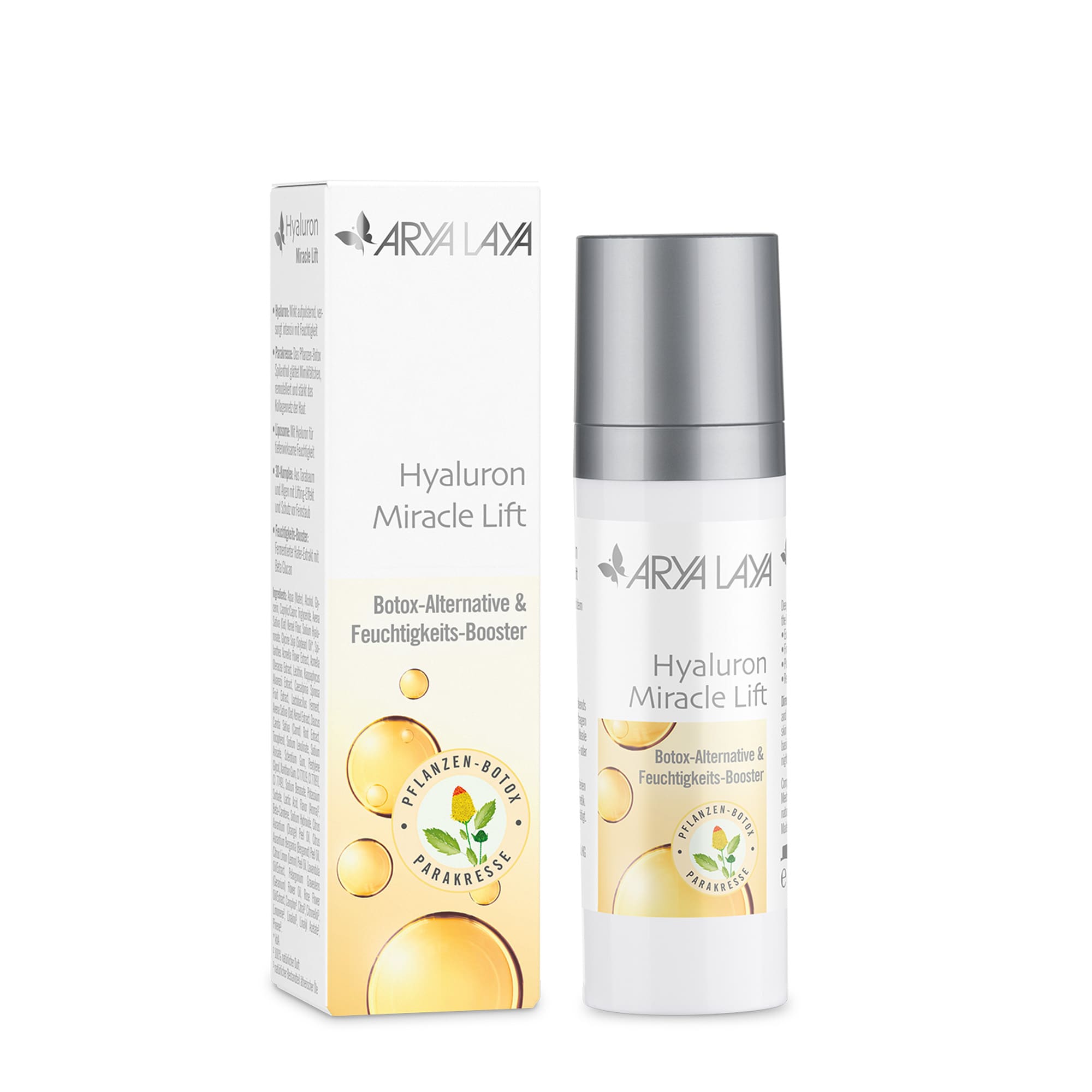 Airless-Spender und Faltschachtel mit ARYA LAYA Hyaluron Miracle Lift, 30 ml im neuen Design