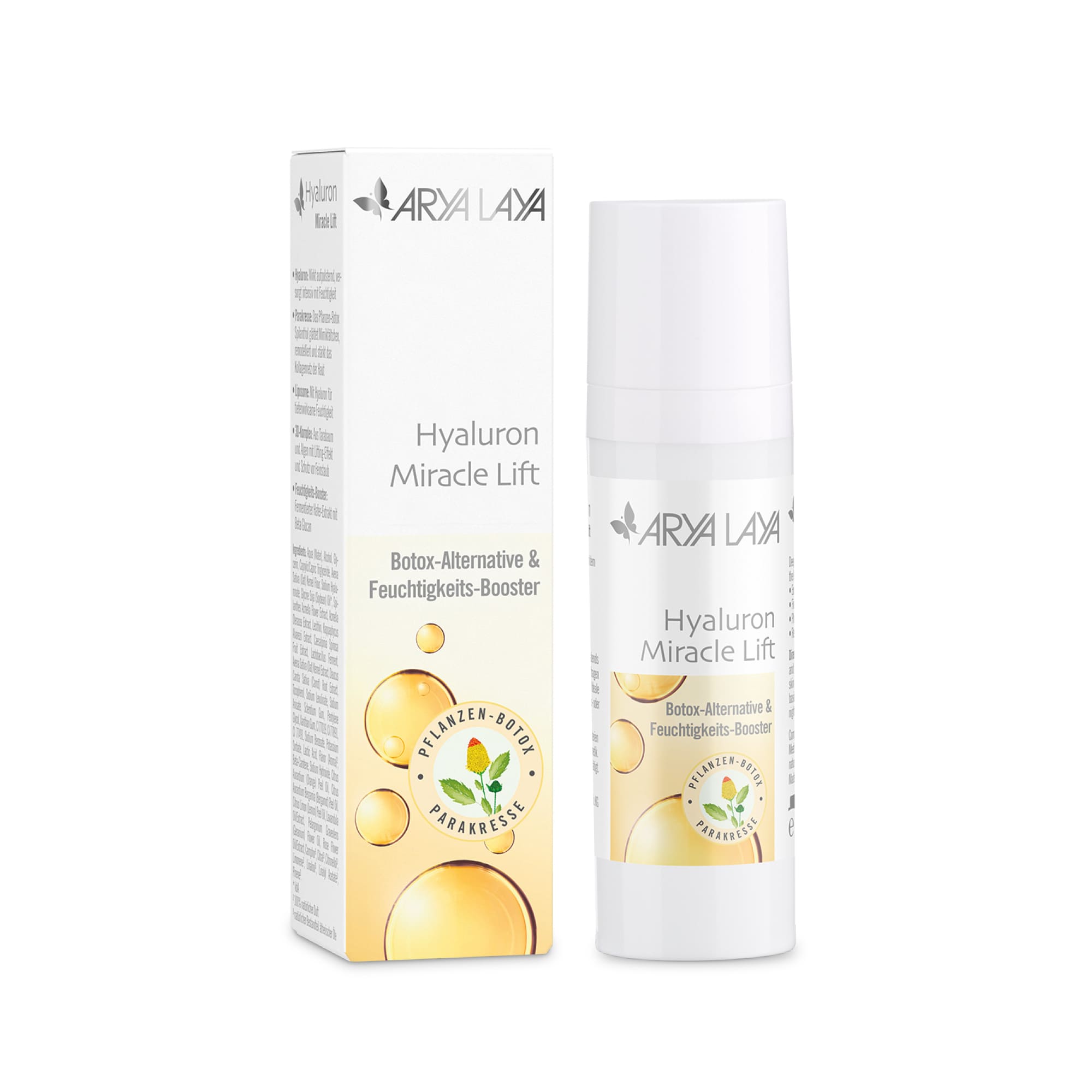 Airless-Spender und Faltschachtel mit ARYA LAYA Hyaluron Miracle Lift, 30 ml im neuen Design