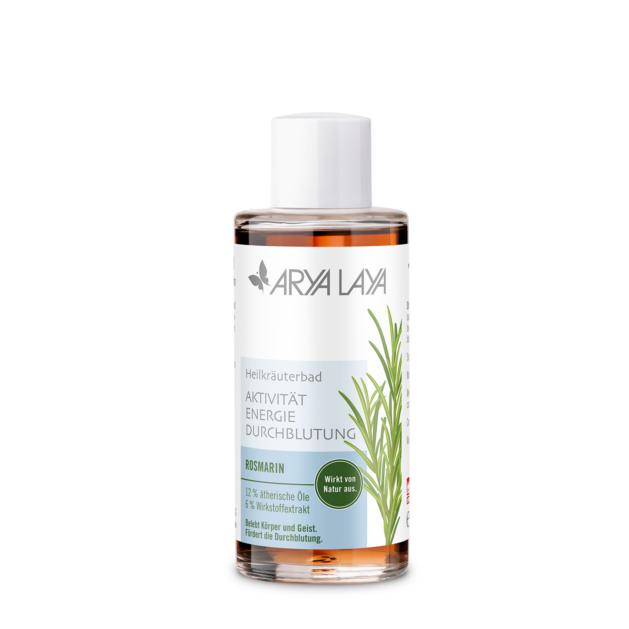Glasflasche mit ARYA LAYA Heilkräuterbad Rosmarin - Durchblutung, 100 ml 