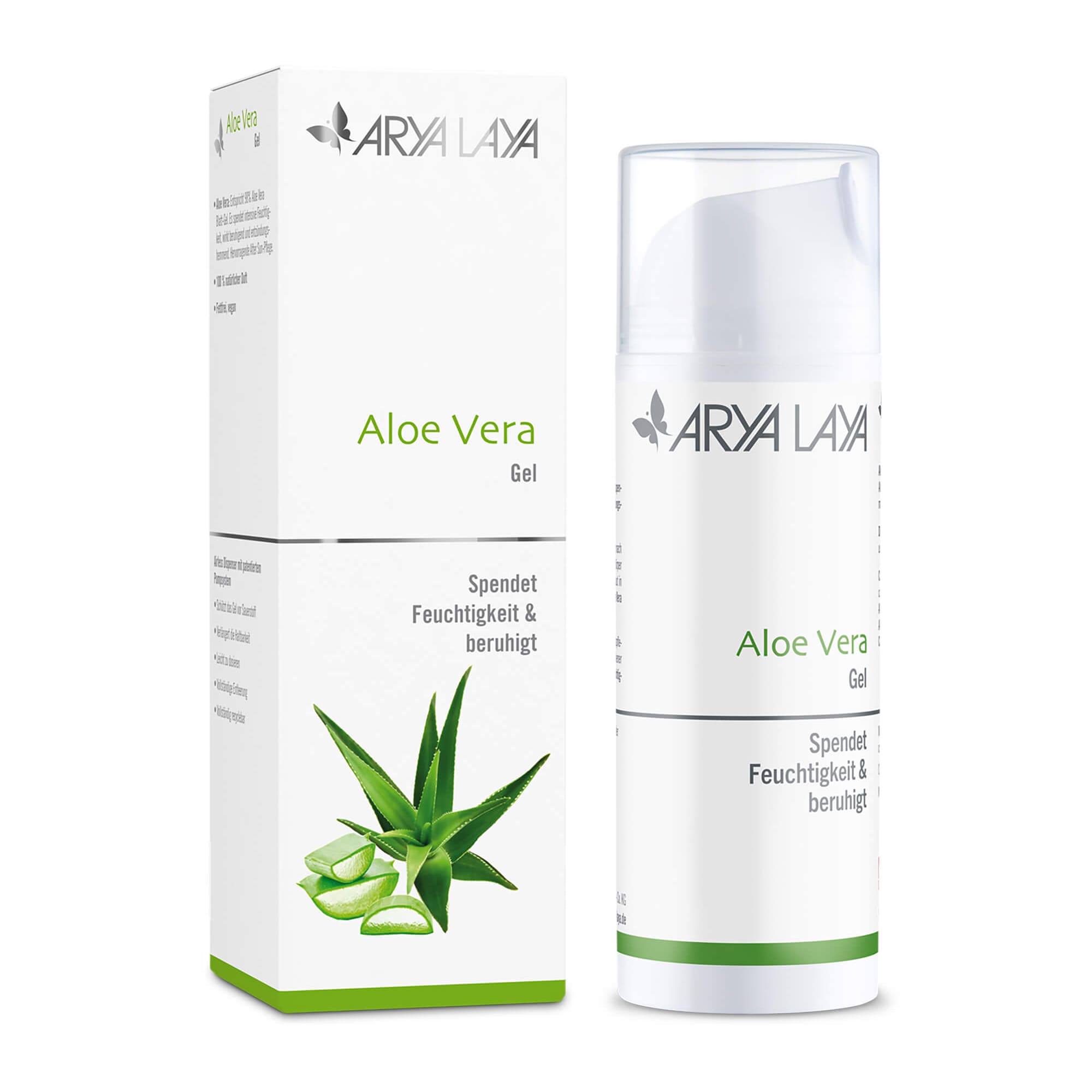 Faltschachtel und Airlessspender mit der ARYA LAYA Aloe Vera Gel, 150 ml