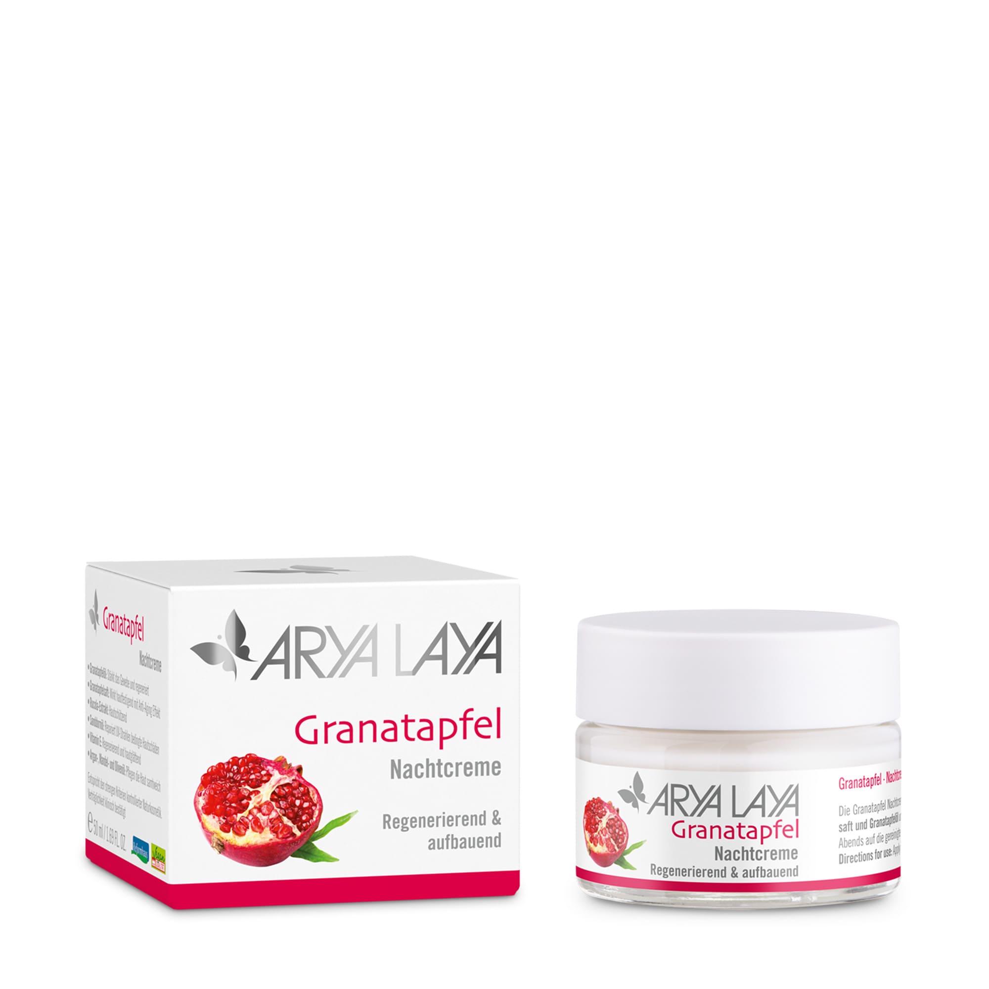 Glastiegel und Faltschachtel ARYA LAYA Granatapfel Nachtcreme 50 ml Glastiegel und Faltschachtel mit ARYA LAYA Granatapfel Nachtcreme, 50 ml