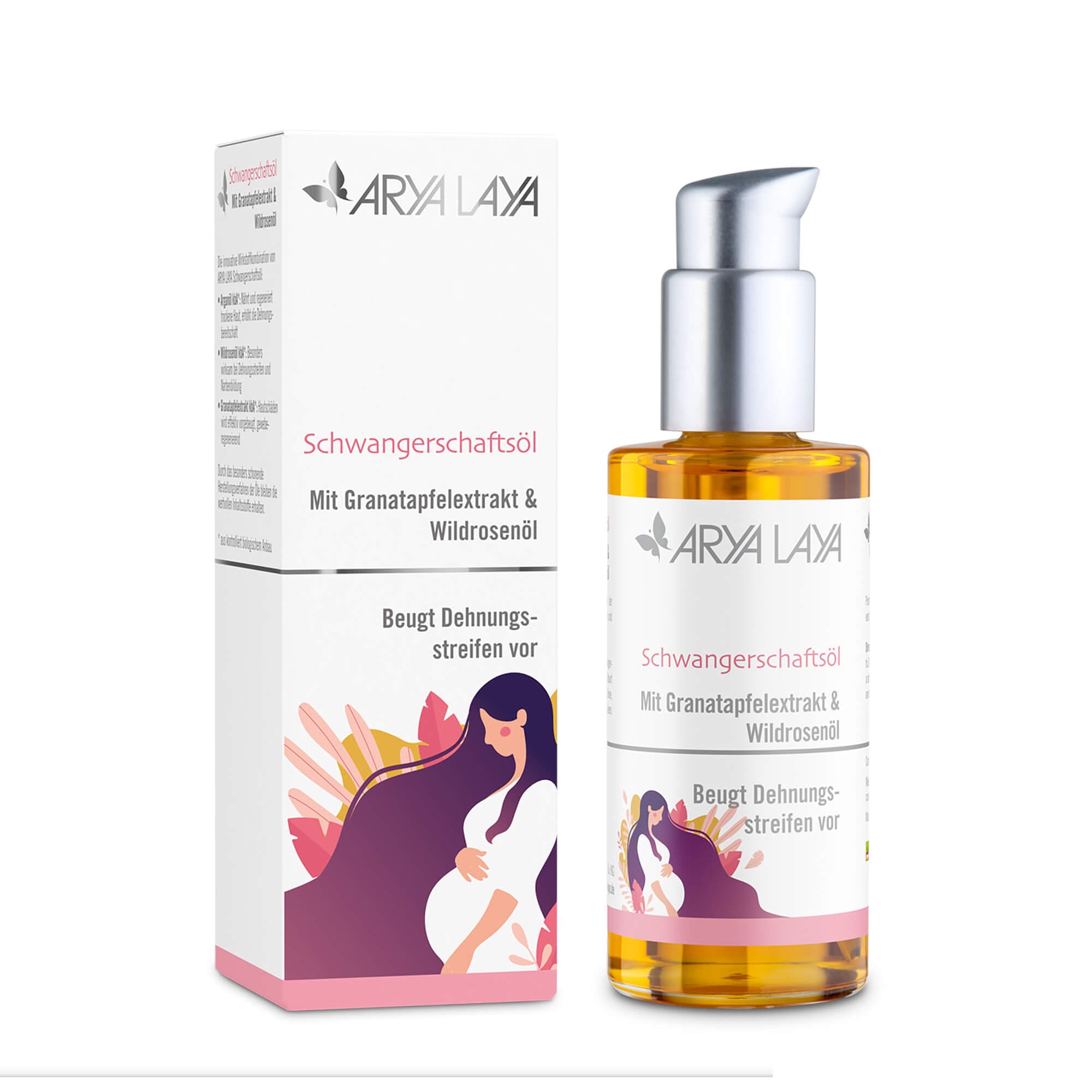 Glasflasche und Faltschachtel mit ARYA LAYA Schwangerschaftsöl, 100 ml