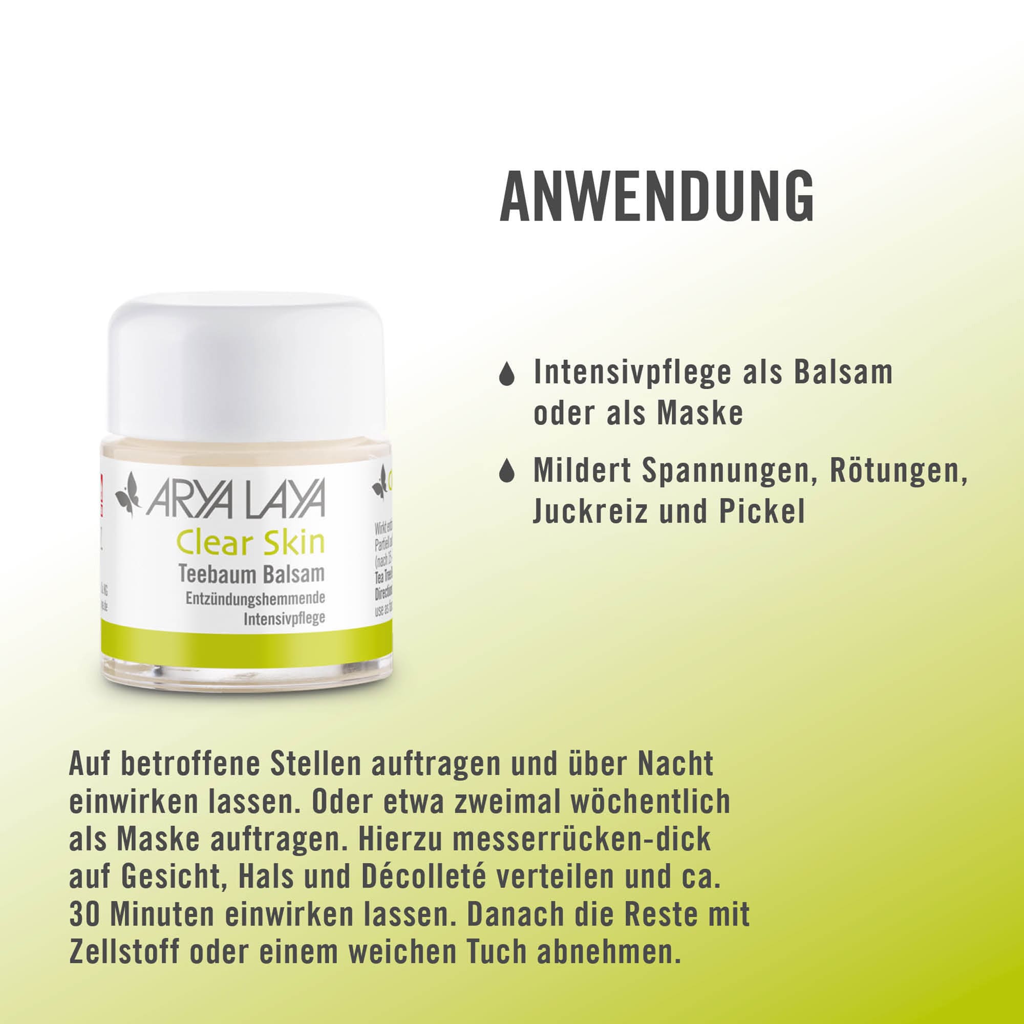 Anwendung ARYA LAYA Clear Skin Teebaum Balsam