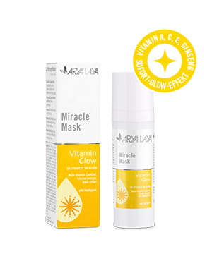ARYA LAYA Miracle Mask Vitamin Glow mit Störer Sofort-Glow-Effekt Airless-Spender und Faltschachtel mit ARYA LAYA Miracle Mask Vitamin Glow sowie Sofort-Effekt Hinweis