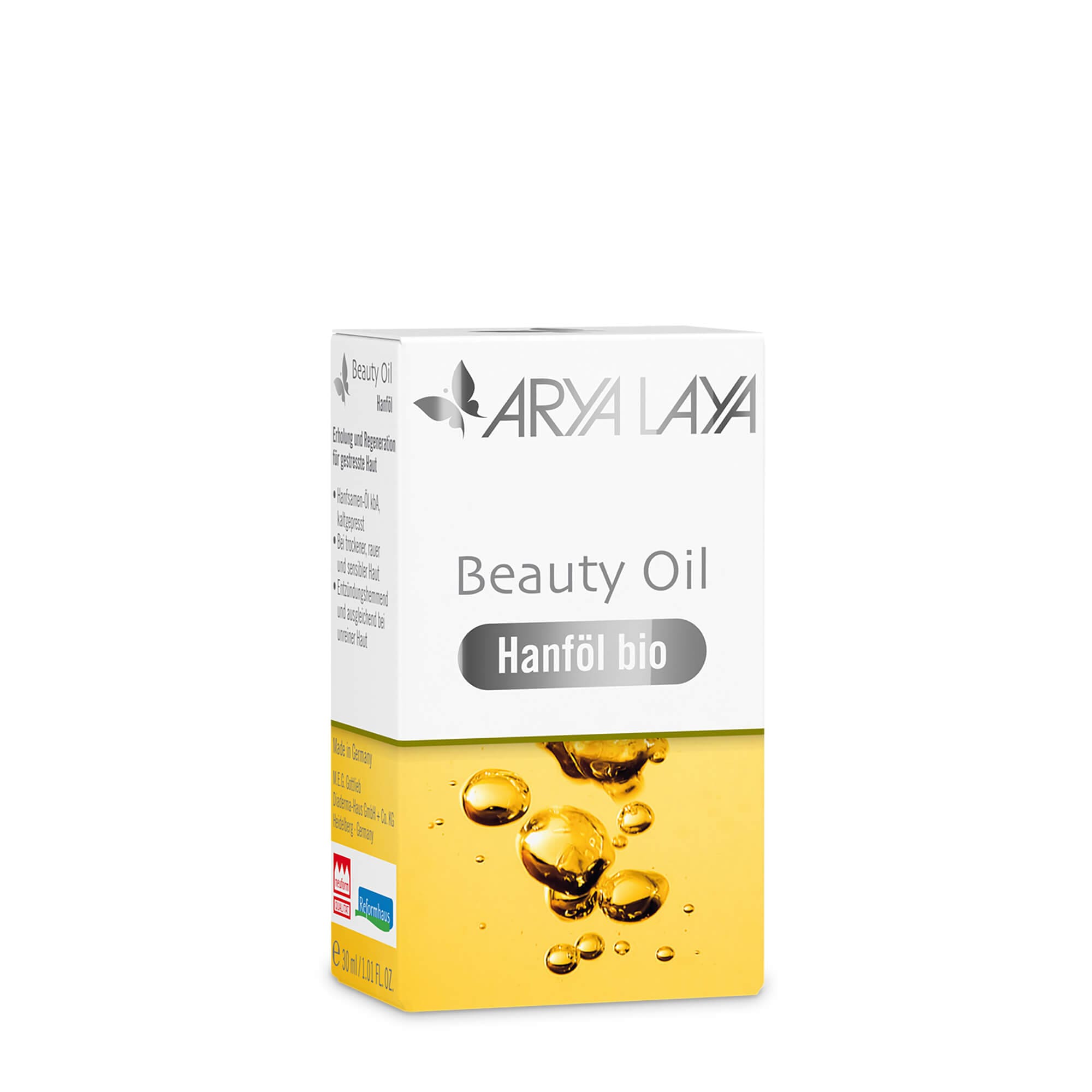 Faltschachtel mit ARYA LAYA Beauty Oil Hanföl bio, 30 ml 