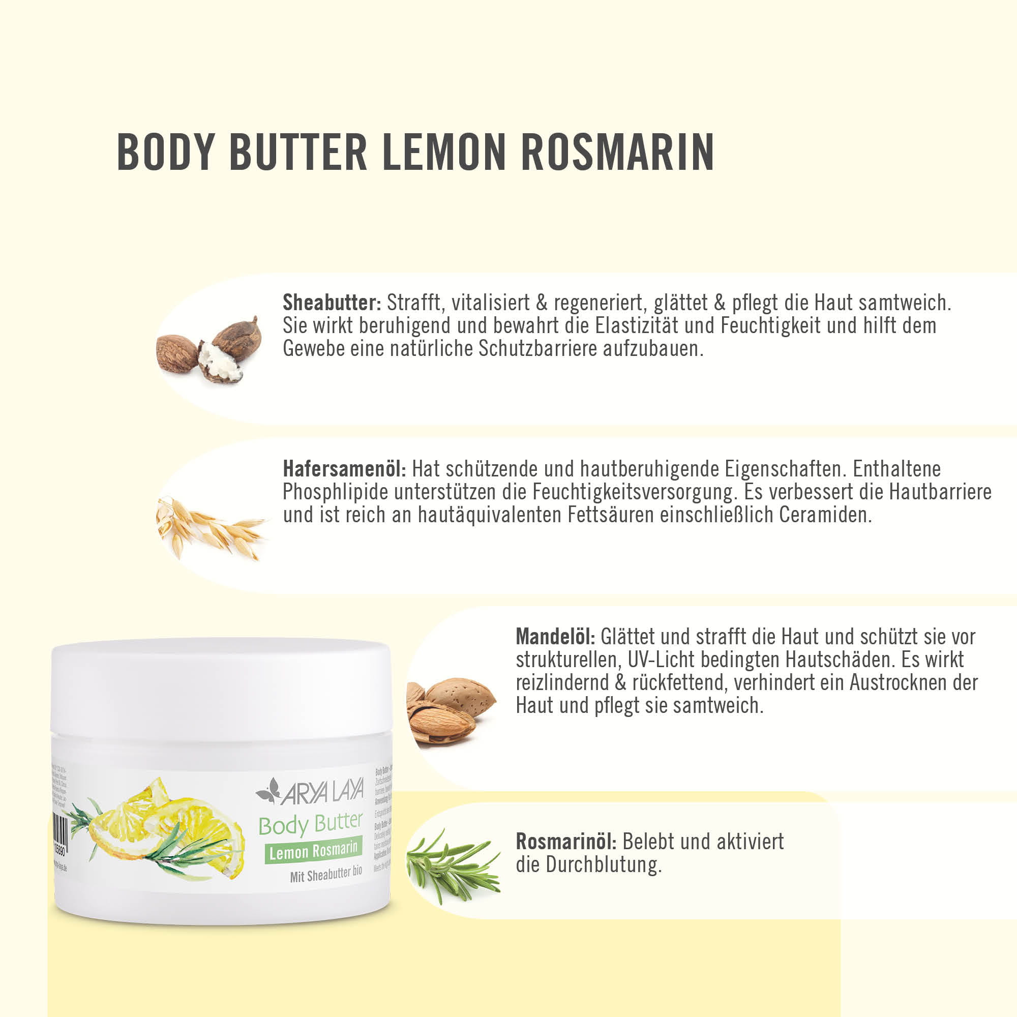 Chart Wirkstoffe Body Butter Lemon Rosmarin Wirkstoffe ARYA LAYA Body Butter Lemon Rosmarin: Sheabutter, Hafersamenöl, Mandelöl, Orangenöl