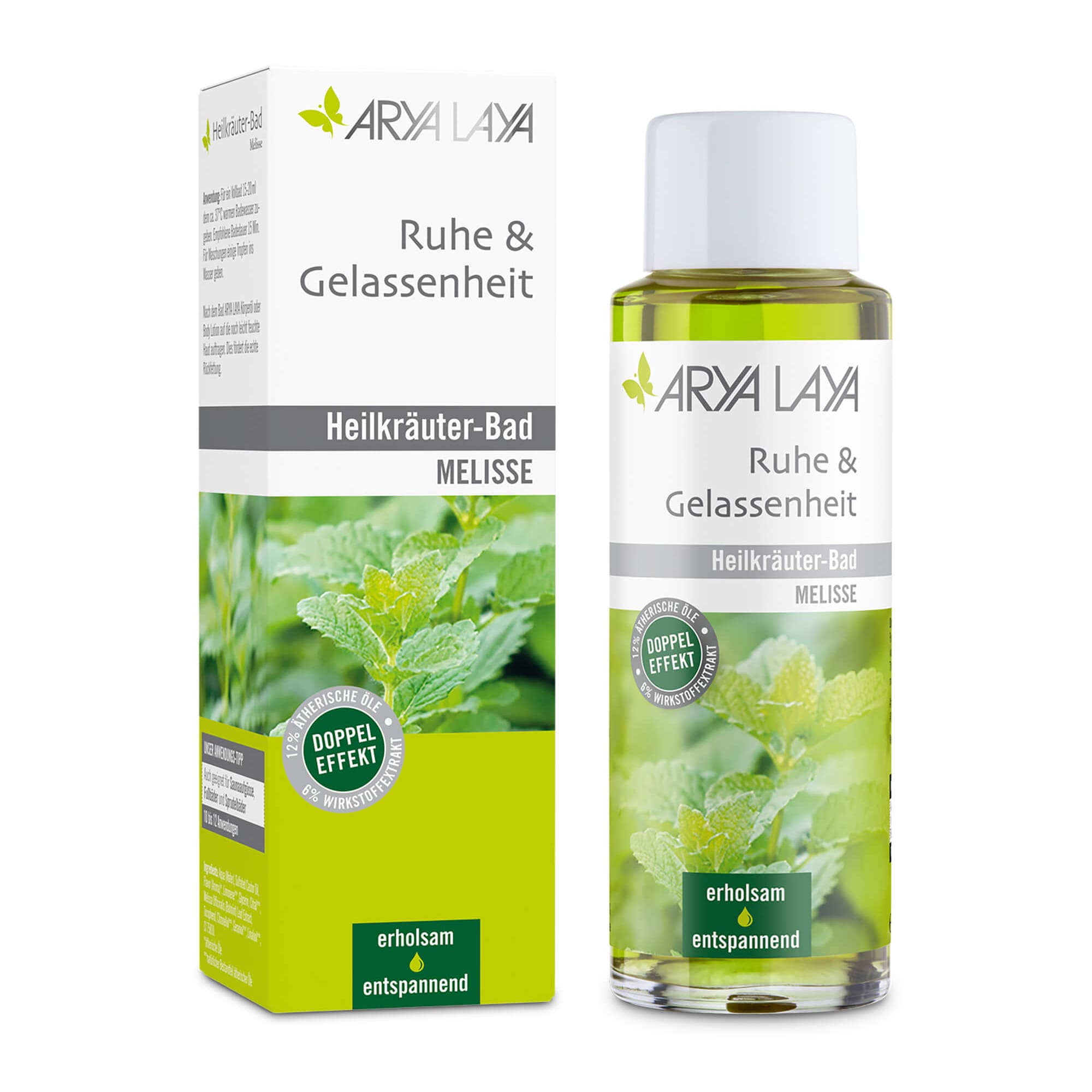 Glasflasche und Faltschachtel mit ARYA LAYA Heilkräuter-Bad Ruhe und Gelassenheit Melisse, 200 ml