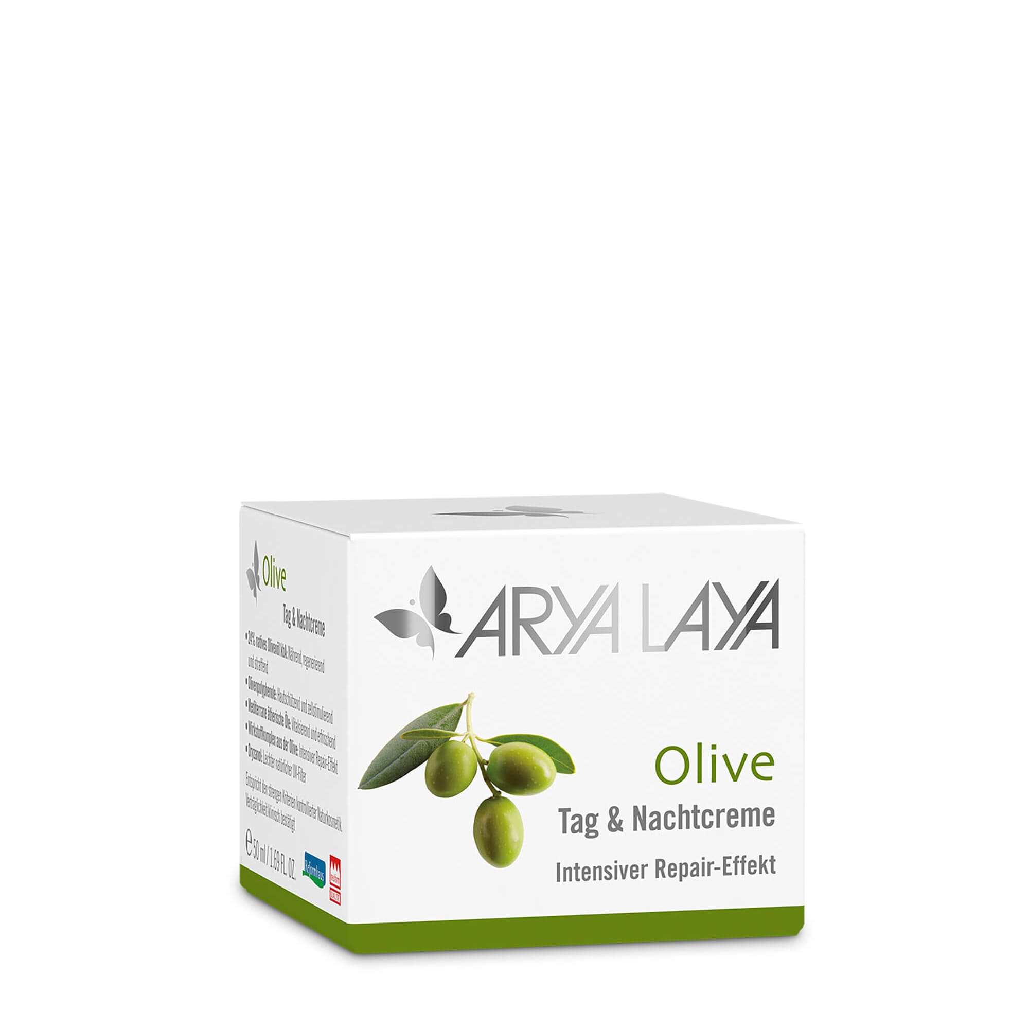 Faltschachtel ARYA LAYA Olive Tag und Nachtpflege 50 ml Faltschachtel mit ARYA LAYA Olive Tag und Nachtpflege, 50 ml
