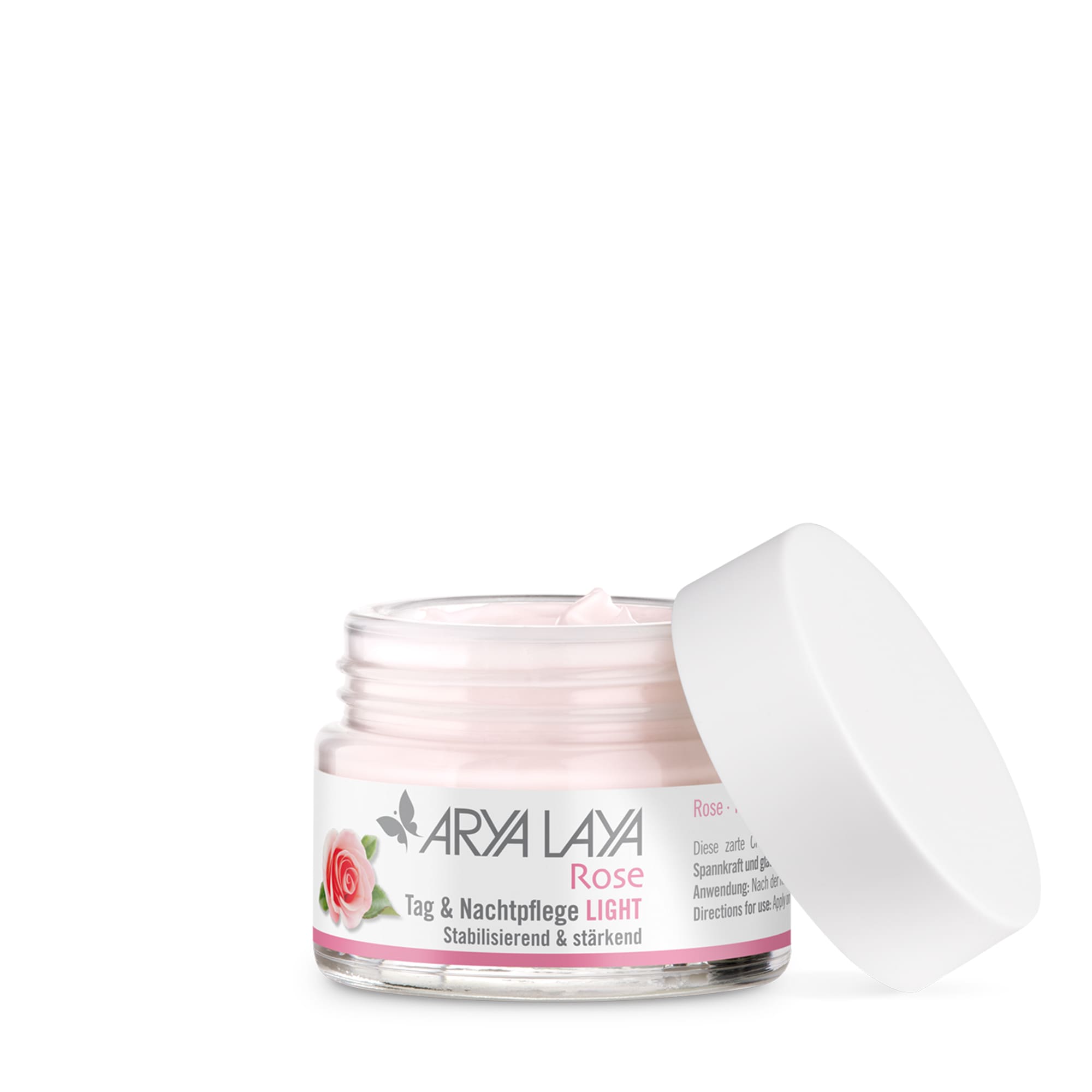 offener Glastiegel mit ARYA LAYA Rose Tag und Nachtpflege Light, 50 ml