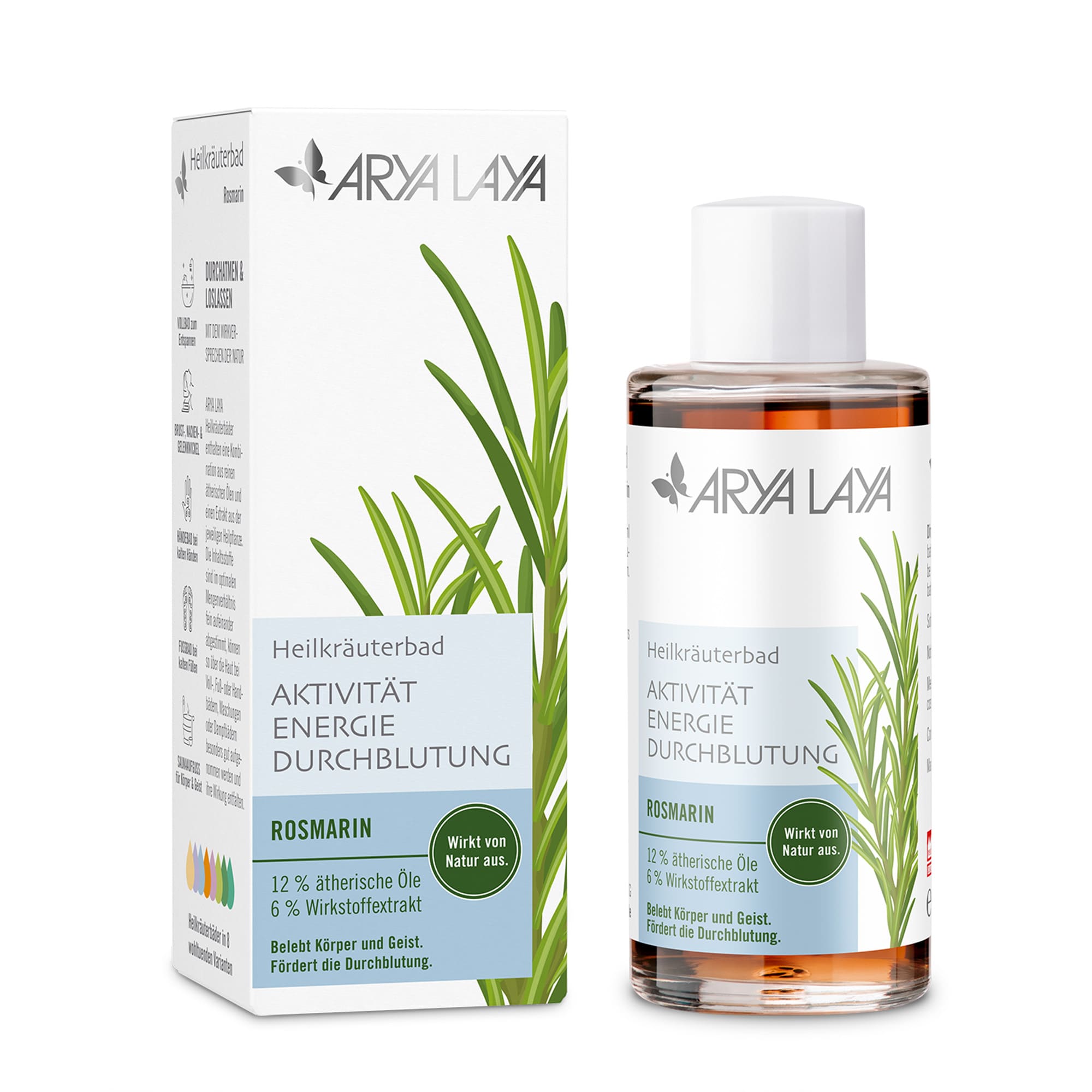 Glasflasche und Faltschachtel ARYA LAYA Heilkräuterbad Rosmarin - Durchblutung 100 ml Glasflasche und Faltschachtel mit ARYA LAYA Heilkräuterbad Rosmarin - Durchblutung, 100 ml