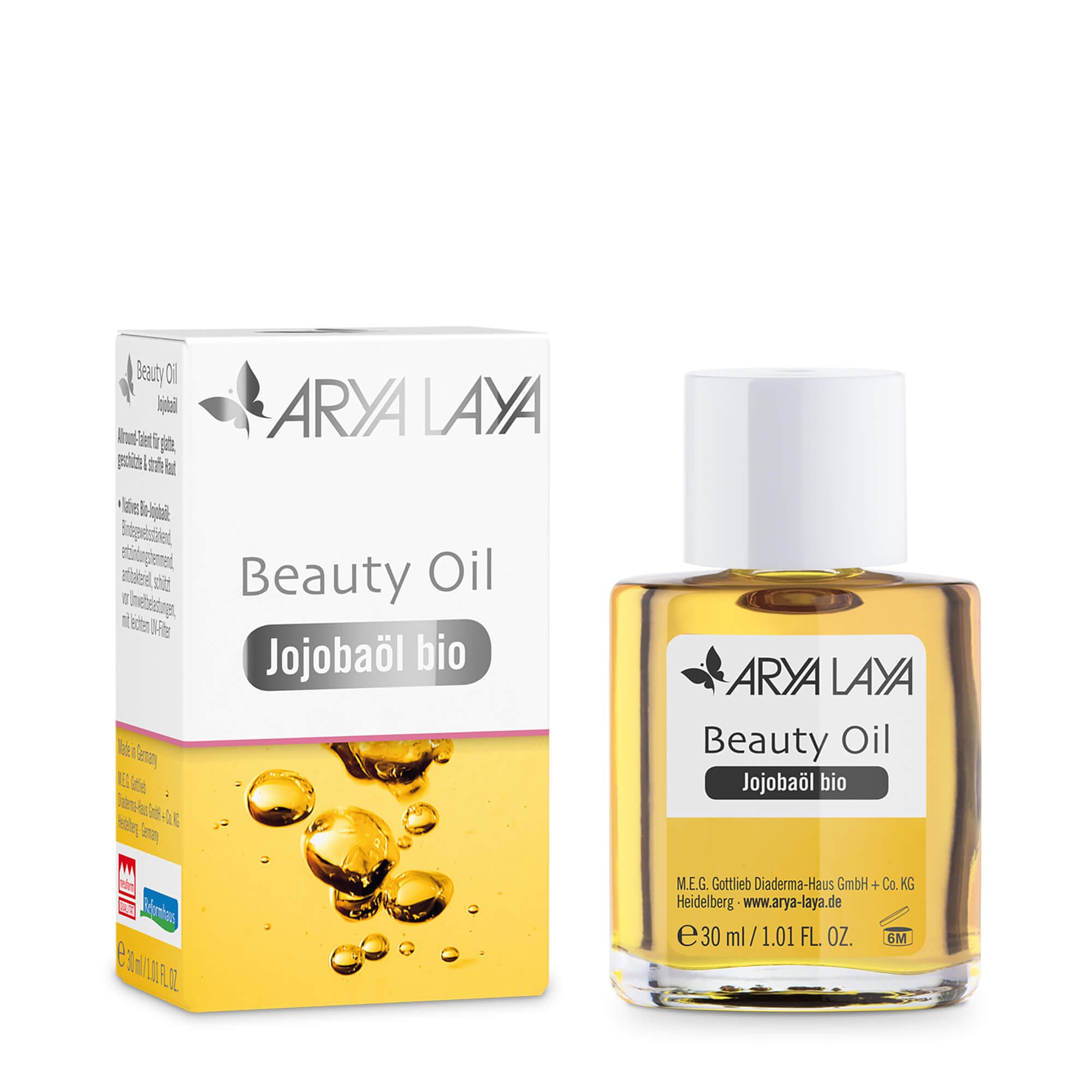 Glasfläschchen und Faltschachtel mit ARYA LAYA Beauty Oil Jojobaöl bio, 30 ml 