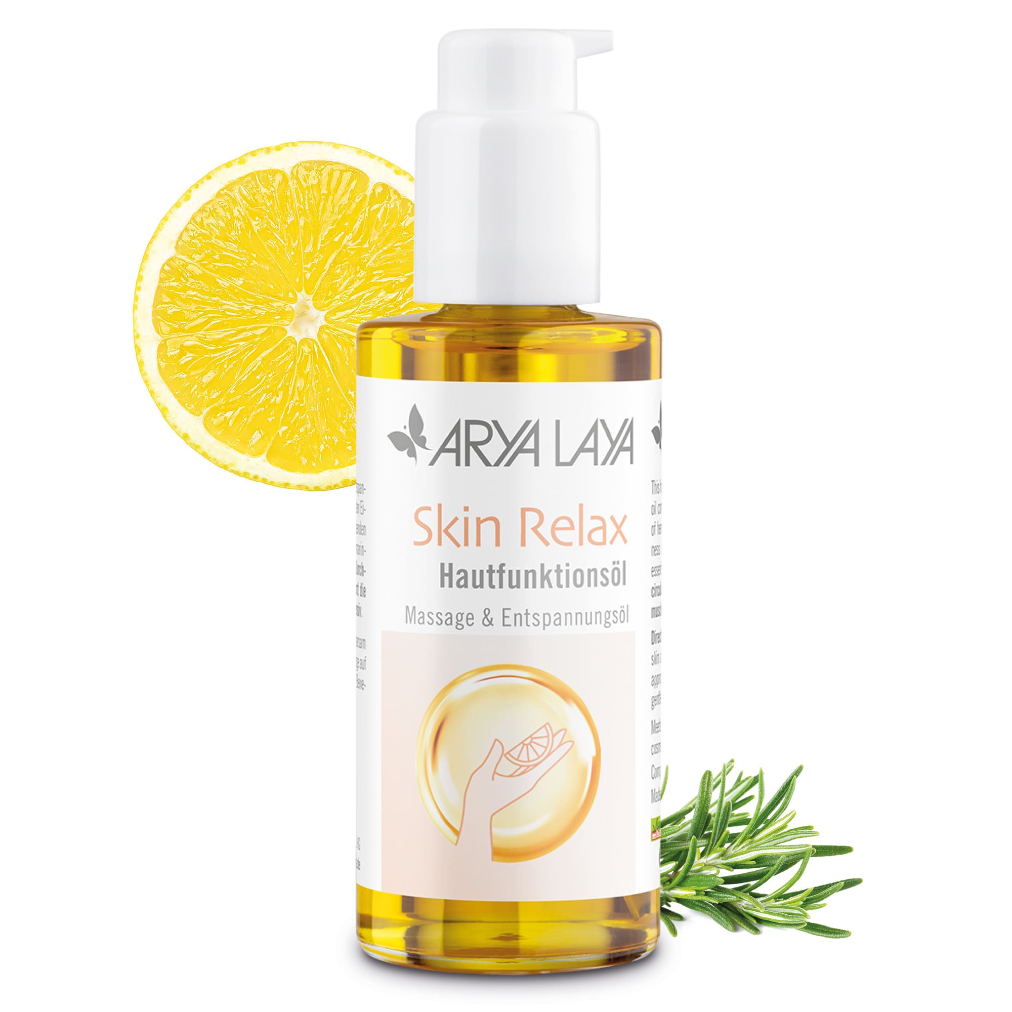 Glasflasche mit ARYA LAYA Hautfunktionsöl Skin Relax Massage & Entspannungsöl, 100 ml