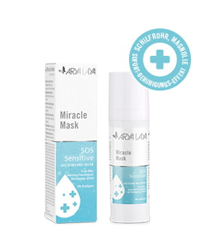 ARYA LAYA Miracle Mask SOS Sensitive mit Störer Sofort-Beruhigungs-Effekt Airless-Spender und Faltschachtel mit ARYA LAYA Miracle Mask SOS Sensitive sowie Sofort-Effekt Hinweis