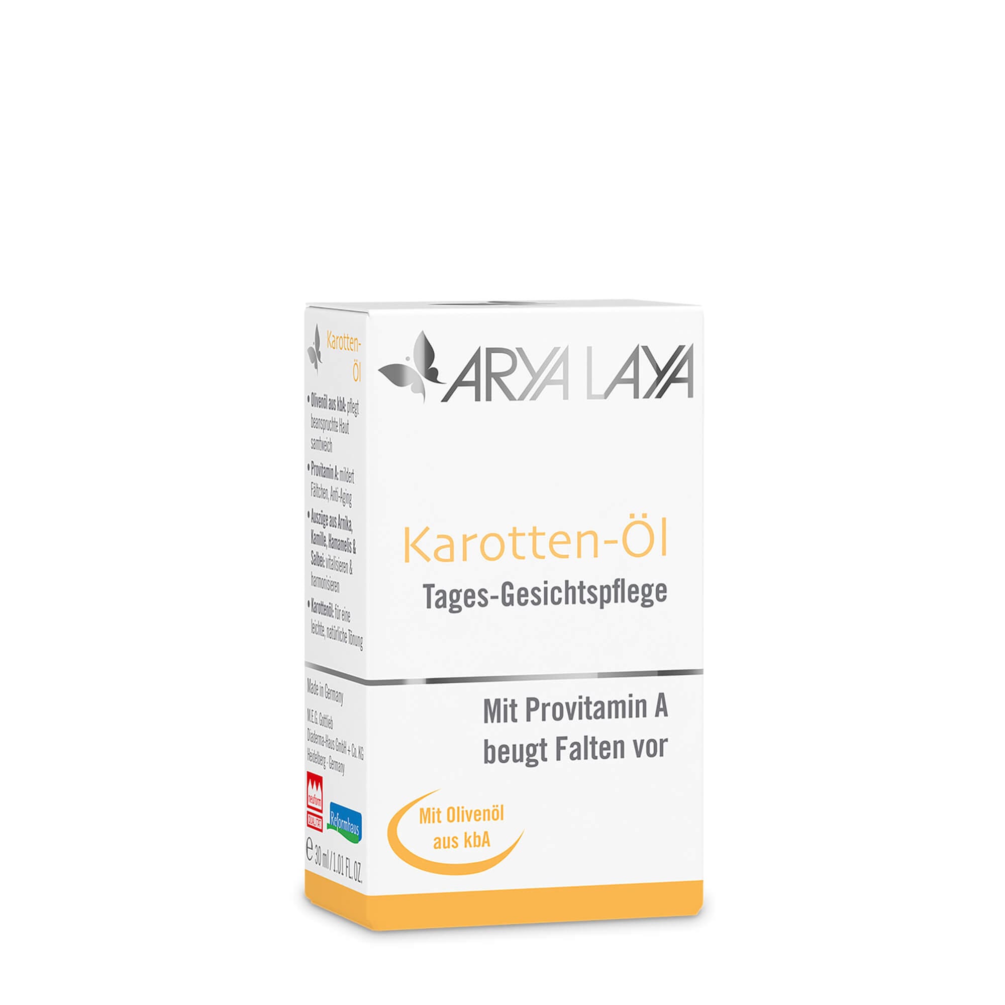 Faltschachtel mit ARYA LAYA Karotten-Öl Tages-Gesichtspflege, 30 ml