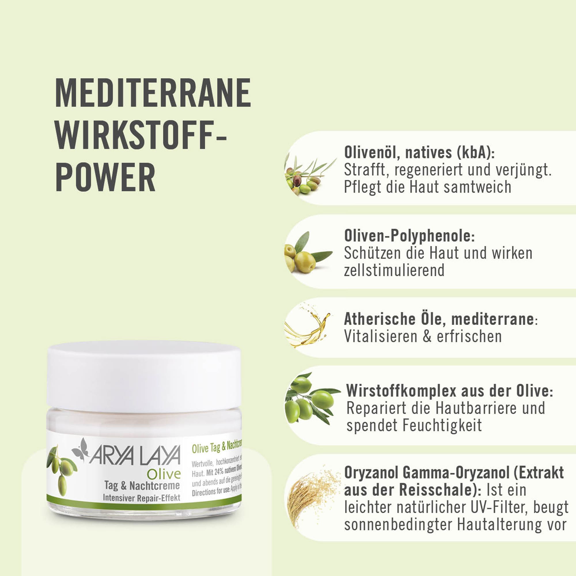 Chart Wirkstoffe ARYA LAYA Olive Tag und Nachtpflege Mediterrane Wirkstoffpower