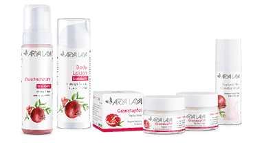 Produktübersicht der ARYA LAYA Pflegeserie Granatapfel