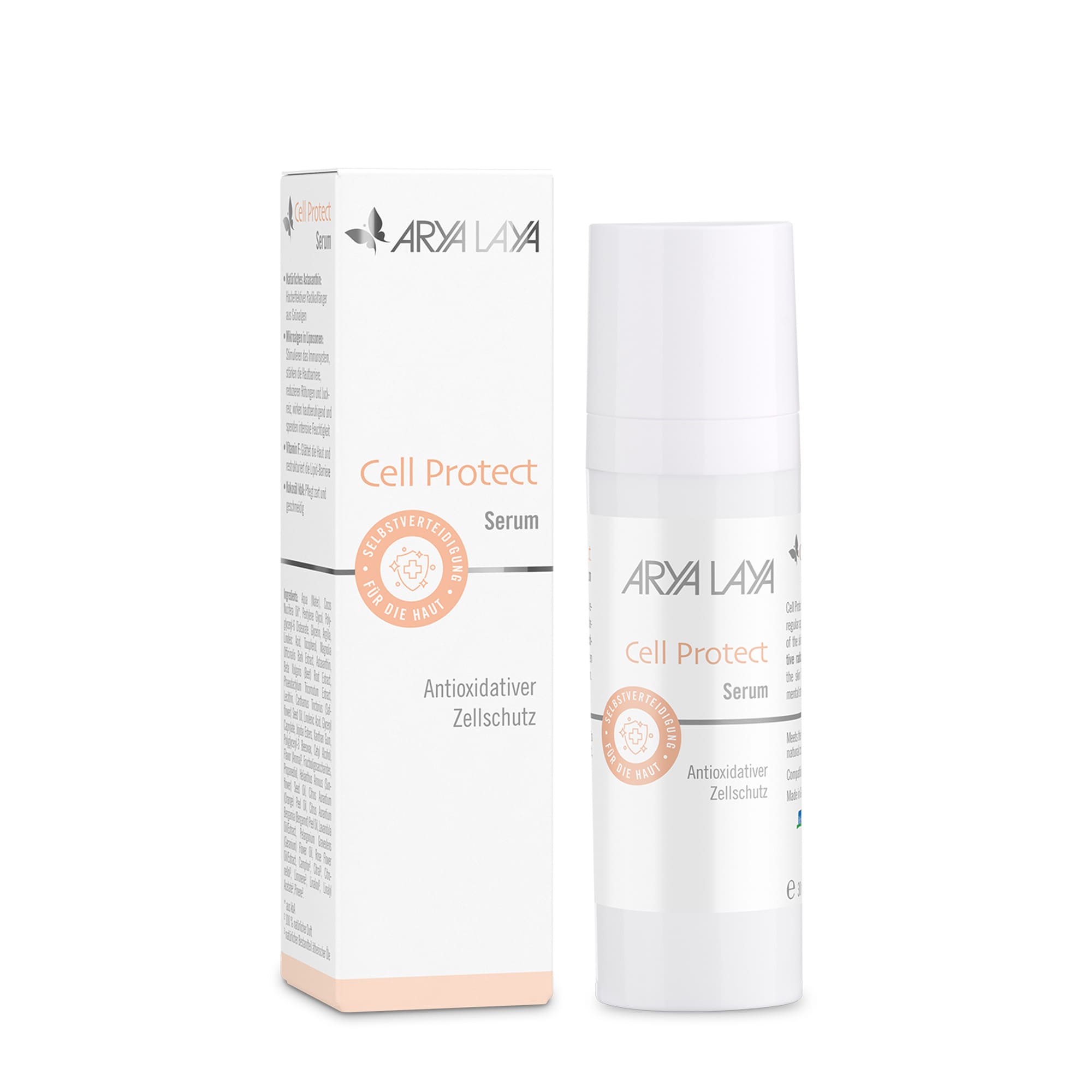 Airless-Spender und Faltschachtel ARYA LAYA Cell Protect Serum 30 ml Airless-Spender und Faltschachtel mit ARYA LAYA Cell Protect Serum, 30 ml