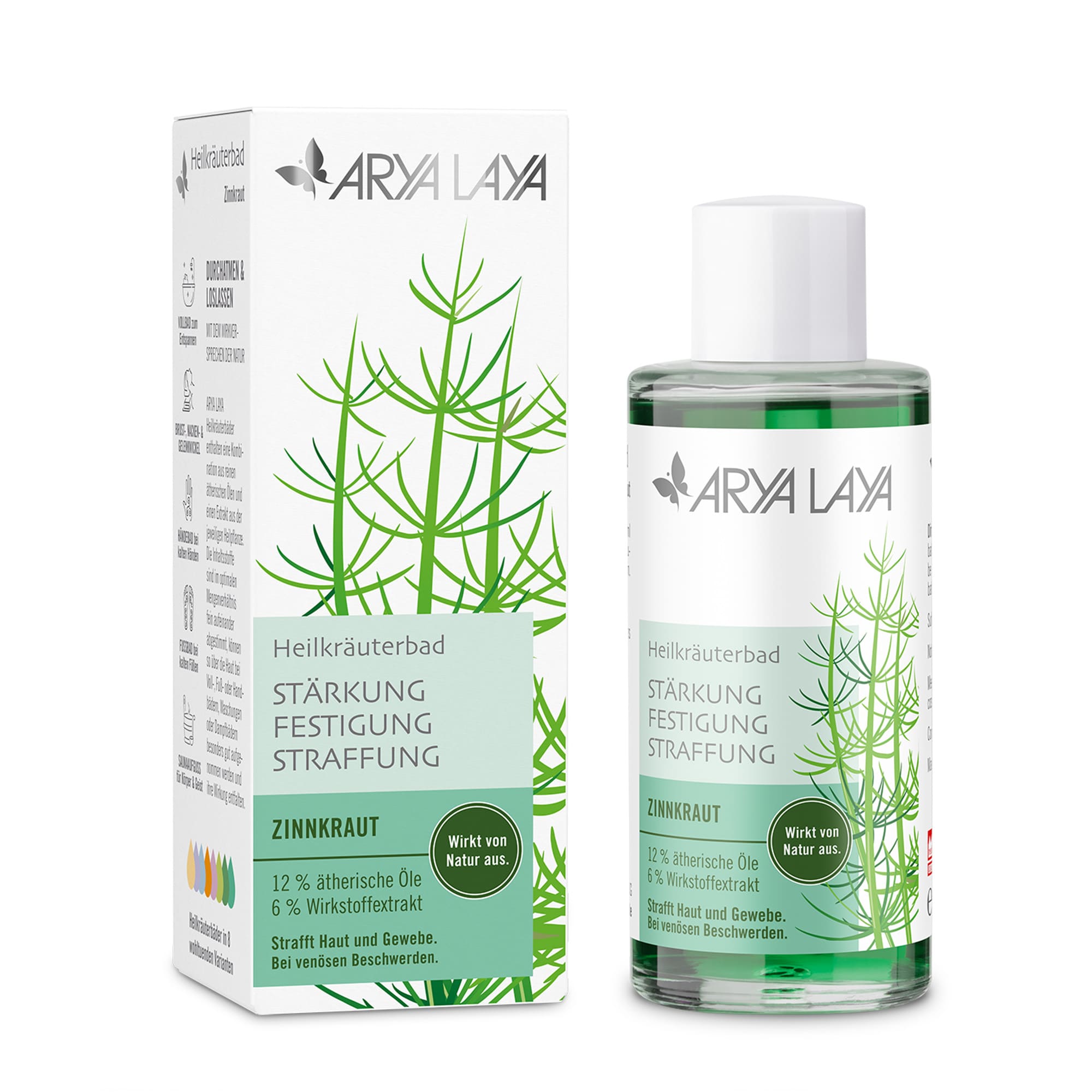 Glasflasche und Faltschachtel ARYA LAYA Heilkräuterbad Zinnkraut - Straffung 100 ml Glasflasche und Faltschachtel mit ARYA LAYA Heilkräuterbad Zinnkraut - Straffung, 100 ml