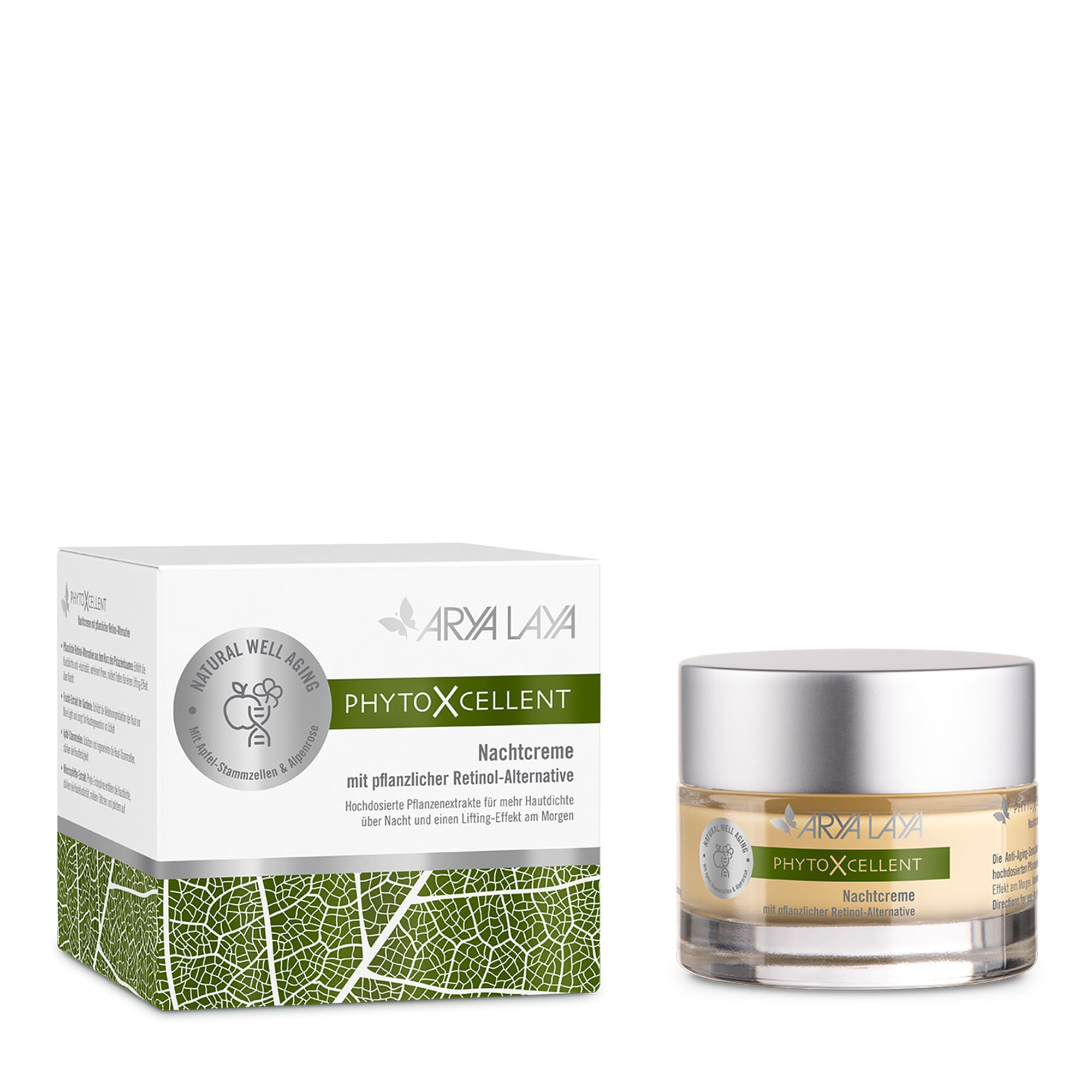 Tiegel und Faltschachtel mit ARYA LAYA PhytoXcellent Nachtcreme, 50 ml