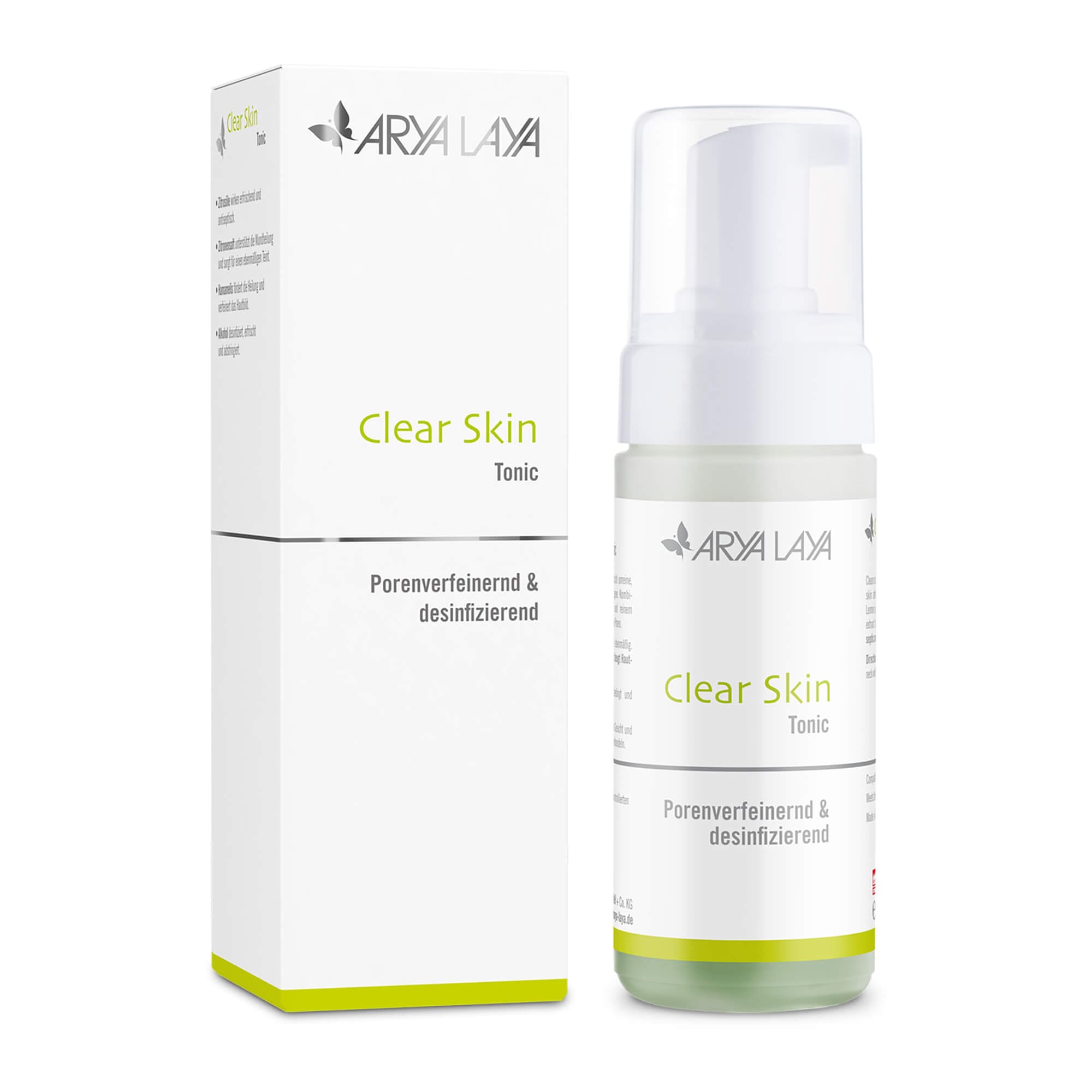 Airless-Spender und Faltschachtel ARYA LAYA Clear Skin Tonic 125 ml Airless-Spender und Faltschachtel mit ARYA LAYA Clear Skin Tonic, 125 ml