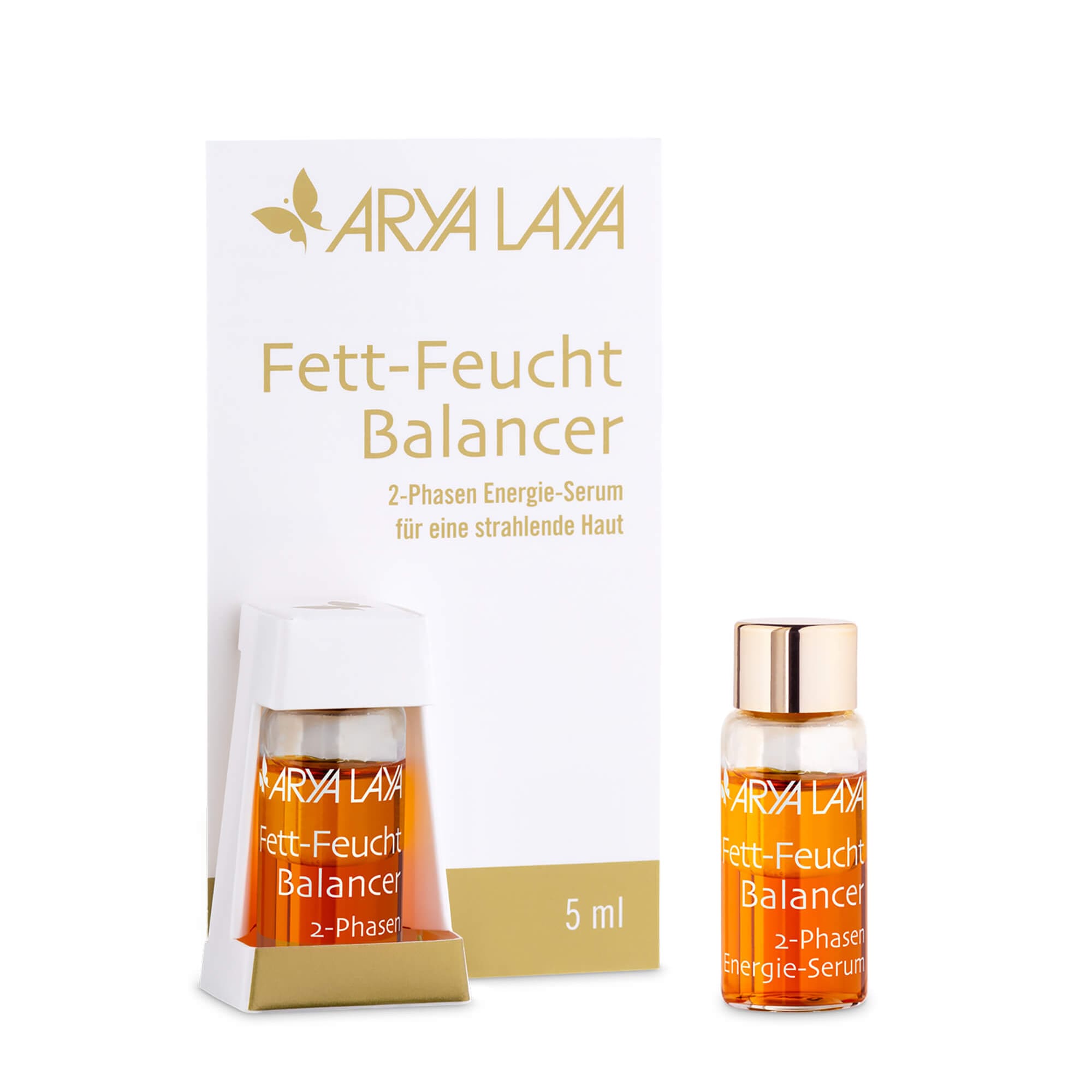 Glasfläschchen und Faltschachtel mit ARYA LAYA Fett-Feucht Balancer Klassiker Probiergröße, 5 ml