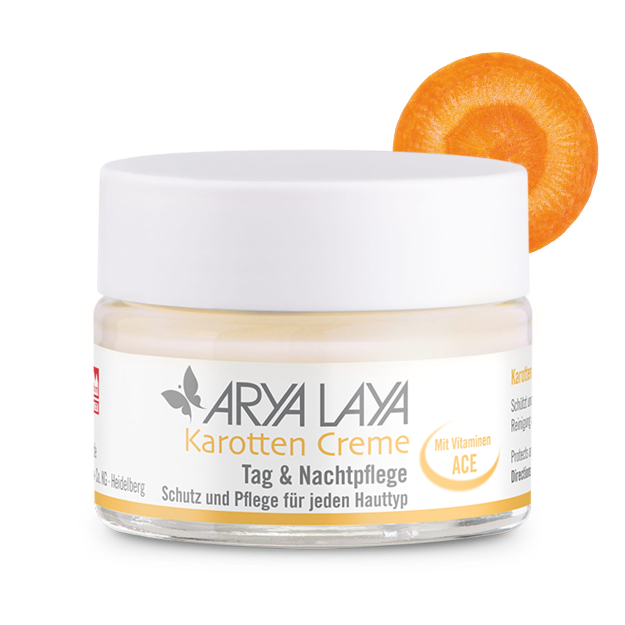 Hero: Glastiegel ARYA LAYA Karotten Creme Tag und Nachtpflege, 50 ml Glastiegel mit ARYA LAYA Karotten Creme Tag und Nachtpflege, 50 ml
