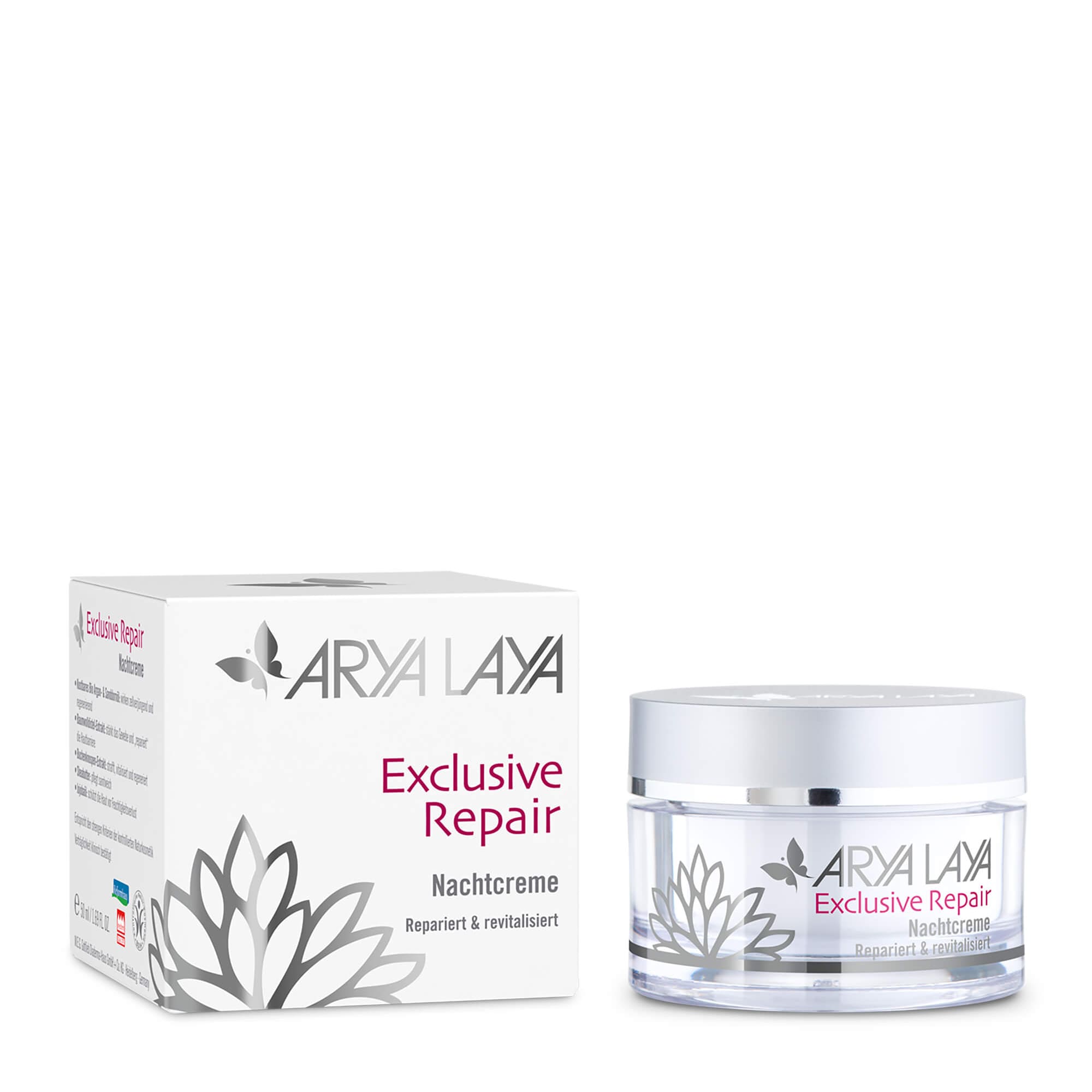 Tiegel und Faltschachtel mit ARYA LAYA Exclusive Repair Nachtcreme, 50 ml