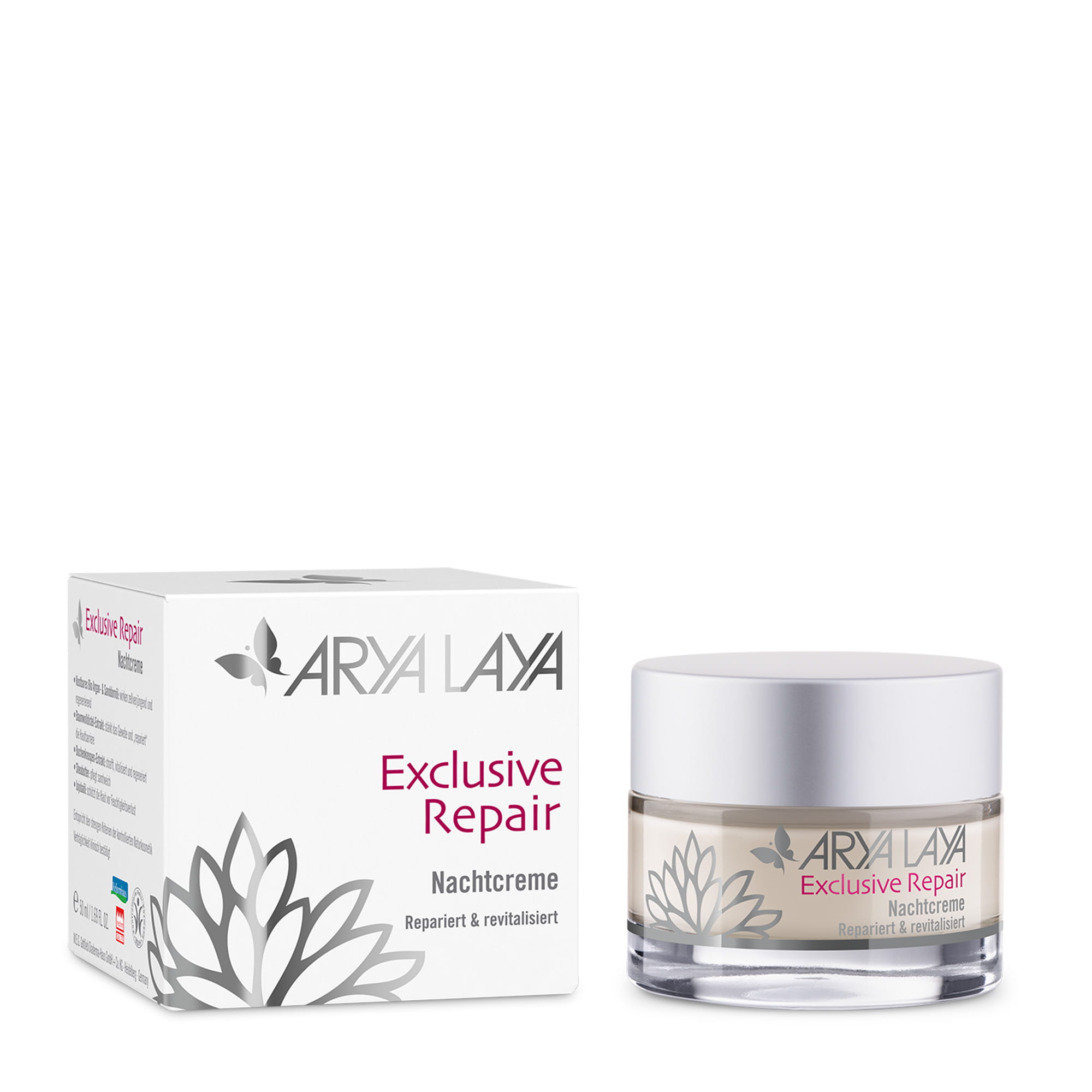 Tiegel und Faltschachtel ARYA LAYA Exclusive Repair Nachtcreme 50 ml Tiegel und Faltschachtel mit ARYA LAYA Exclusive Repair Nachtcreme, 50 ml